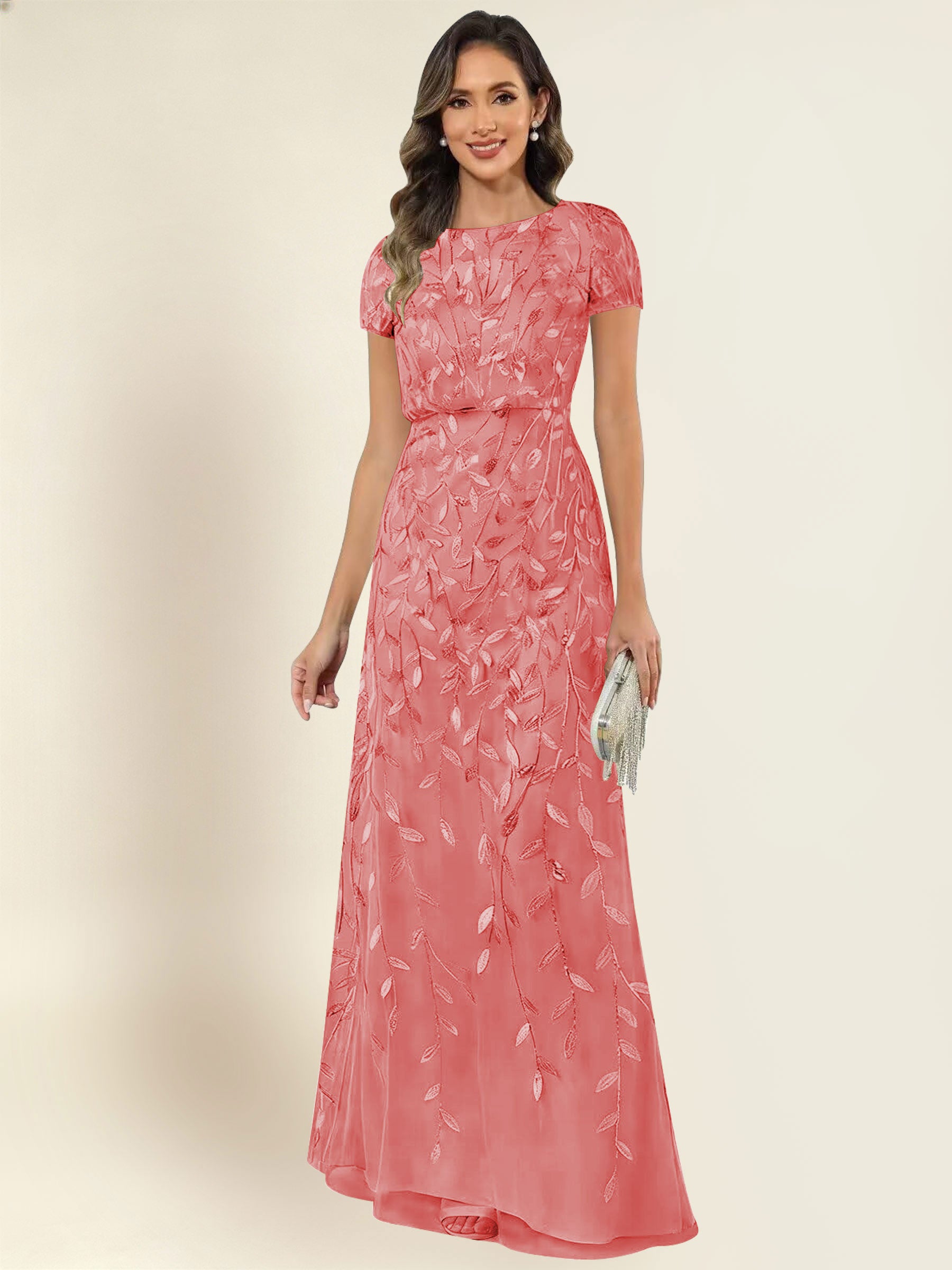 ROVDESY Sequin Mermaid Long Mother Of The Bride Dress With Short Sleeves Formal Gown