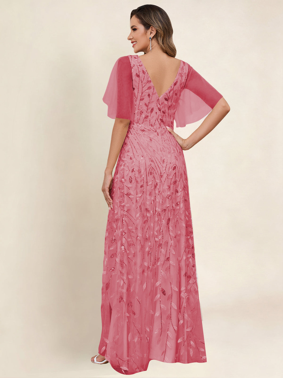 V Neck Sequin Tulle A Line Mother of the Bride Dress with Sleeves