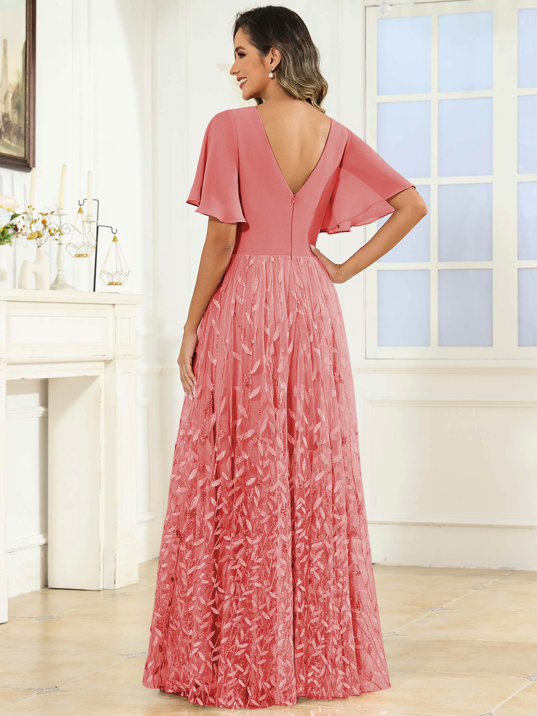 ROVDESY A-Line V-Neck Chiffon Sequin Mother Of The Bride Dress With Short Sleeves