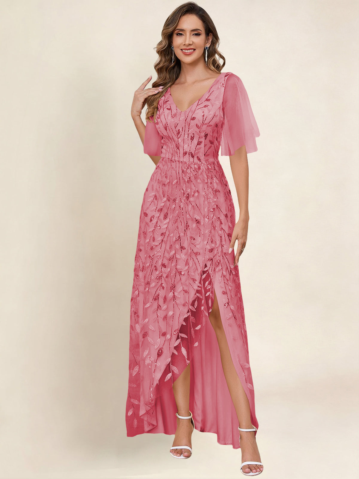 V Neck Sequin Tulle A Line Mother of the Bride Dress with Sleeves