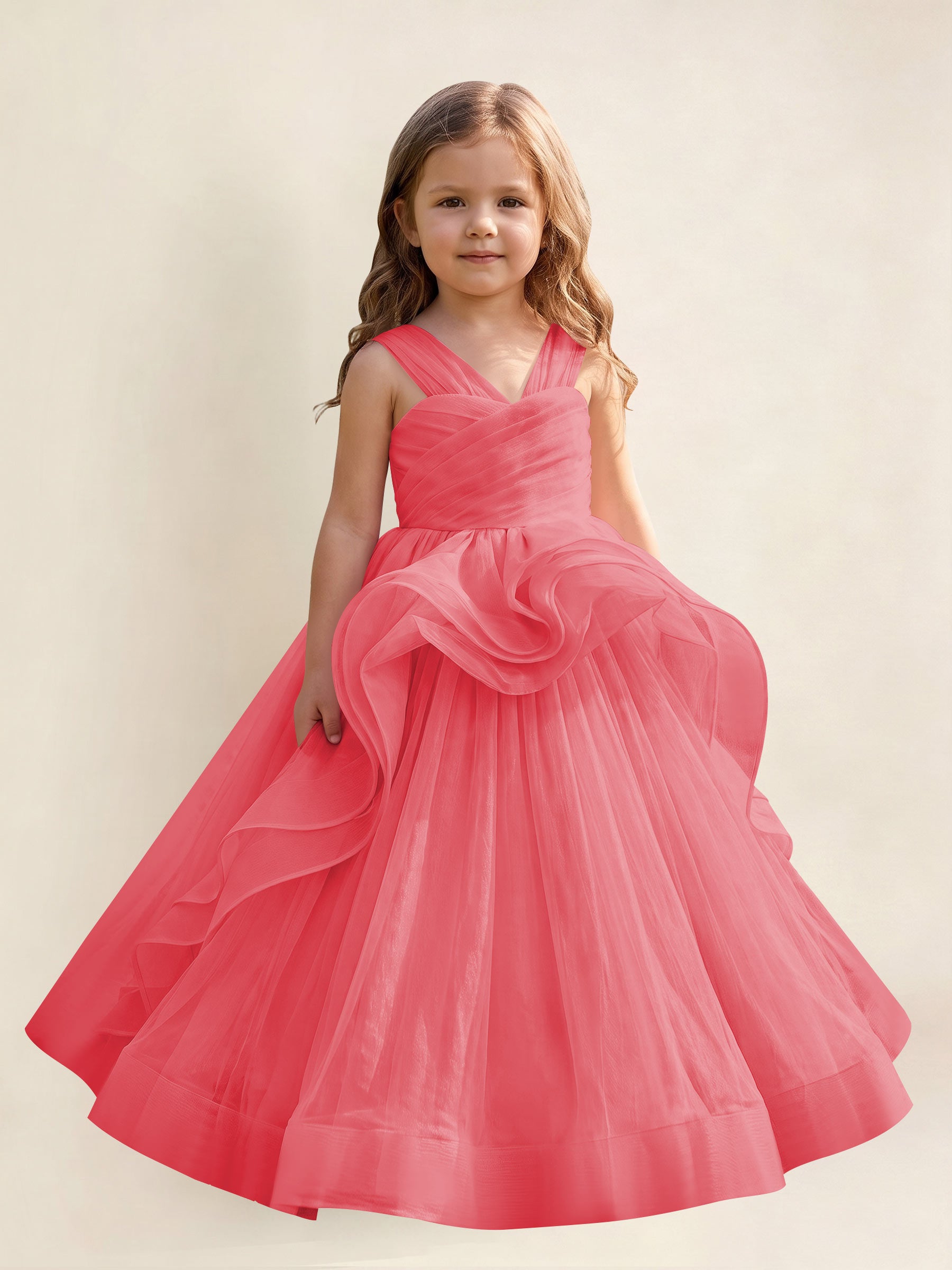 ROVDESY A-Line V-Neck Tulle Flower Girl Dress With Sleeveless Long Ball Gown Dress