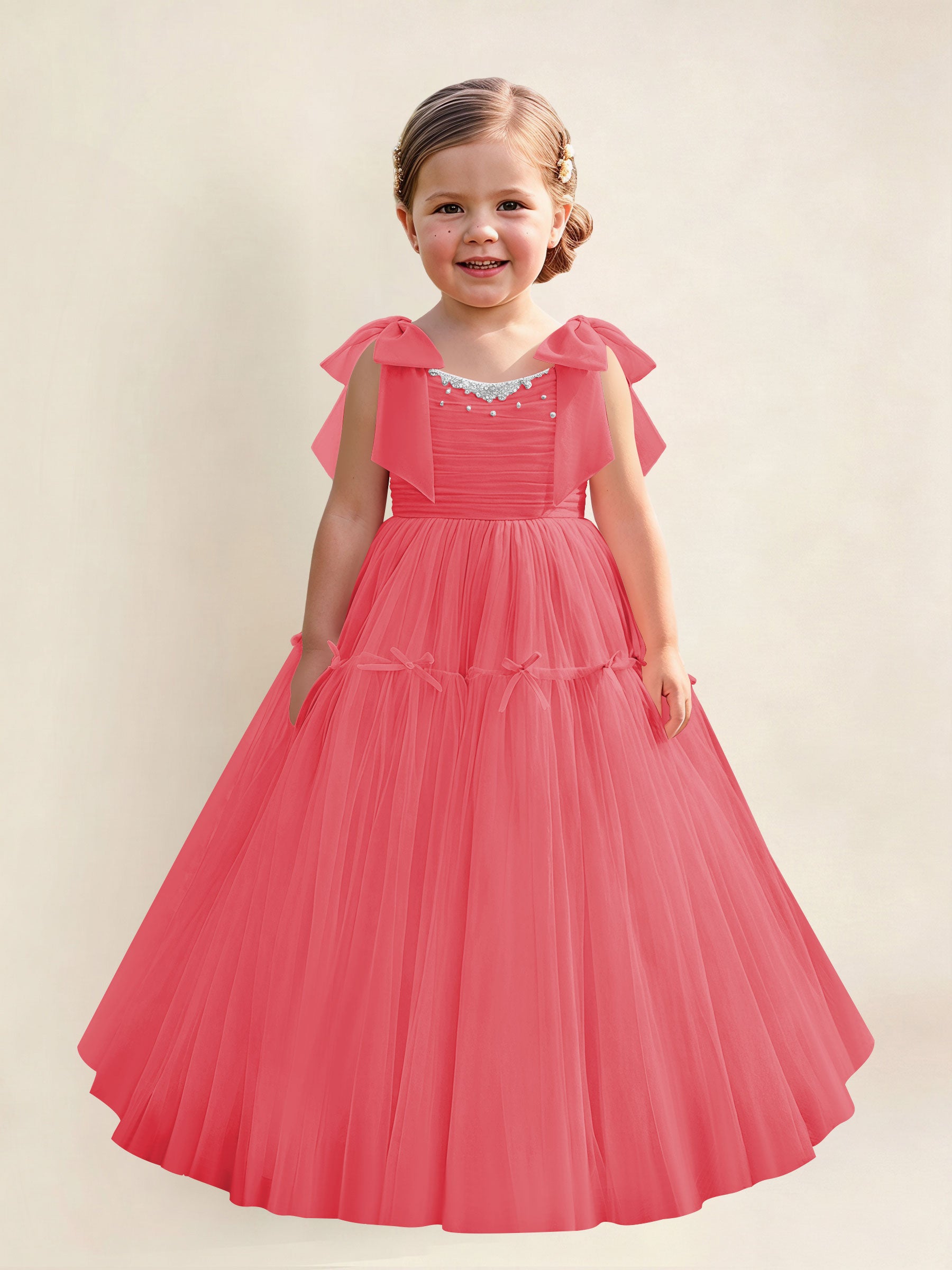 ROVDESY A-Line Tulle Flower Girl Dress With Bow Long Ball Gown Dress