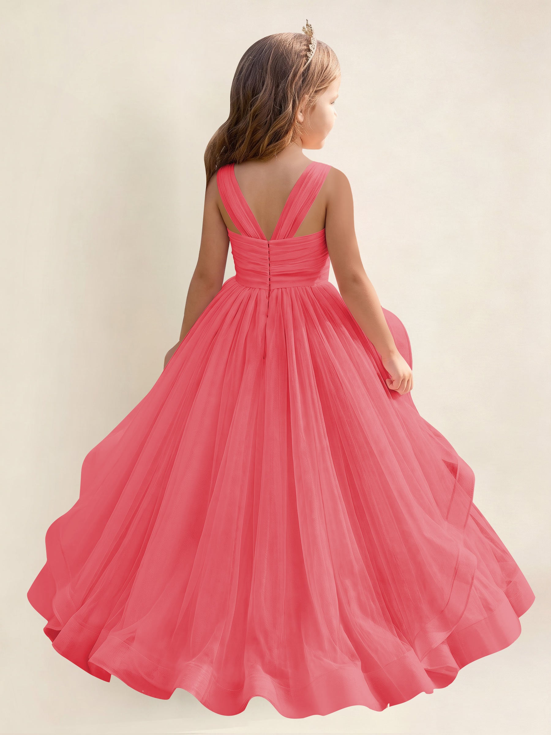 ROVDESY A-Line V-Neck Tulle Flower Girl Dress With Sleeveless Long Ball Gown Dress