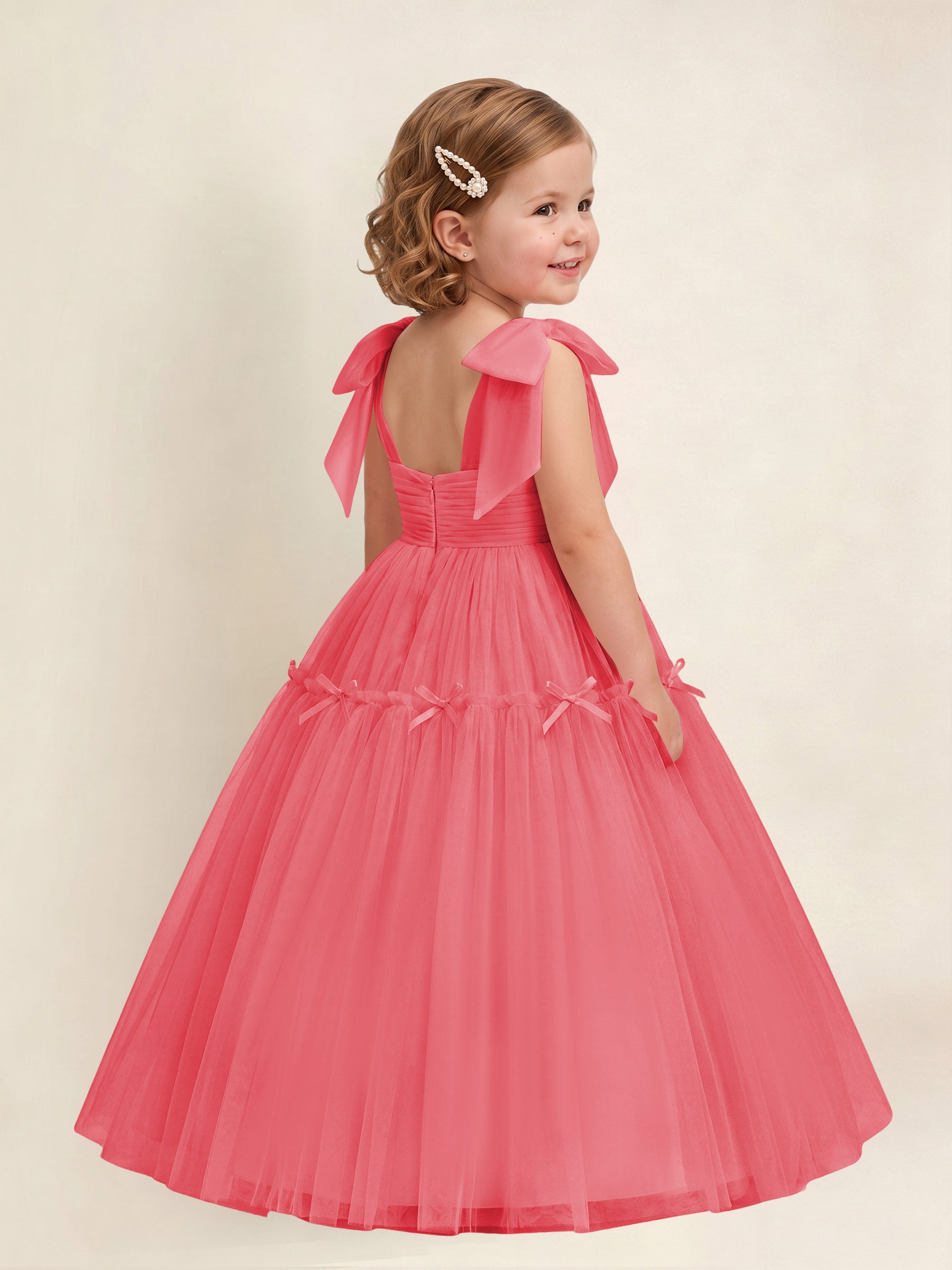 ROVDESY A-Line Tulle Flower Girl Dress With Bow Long Ball Gown Dress