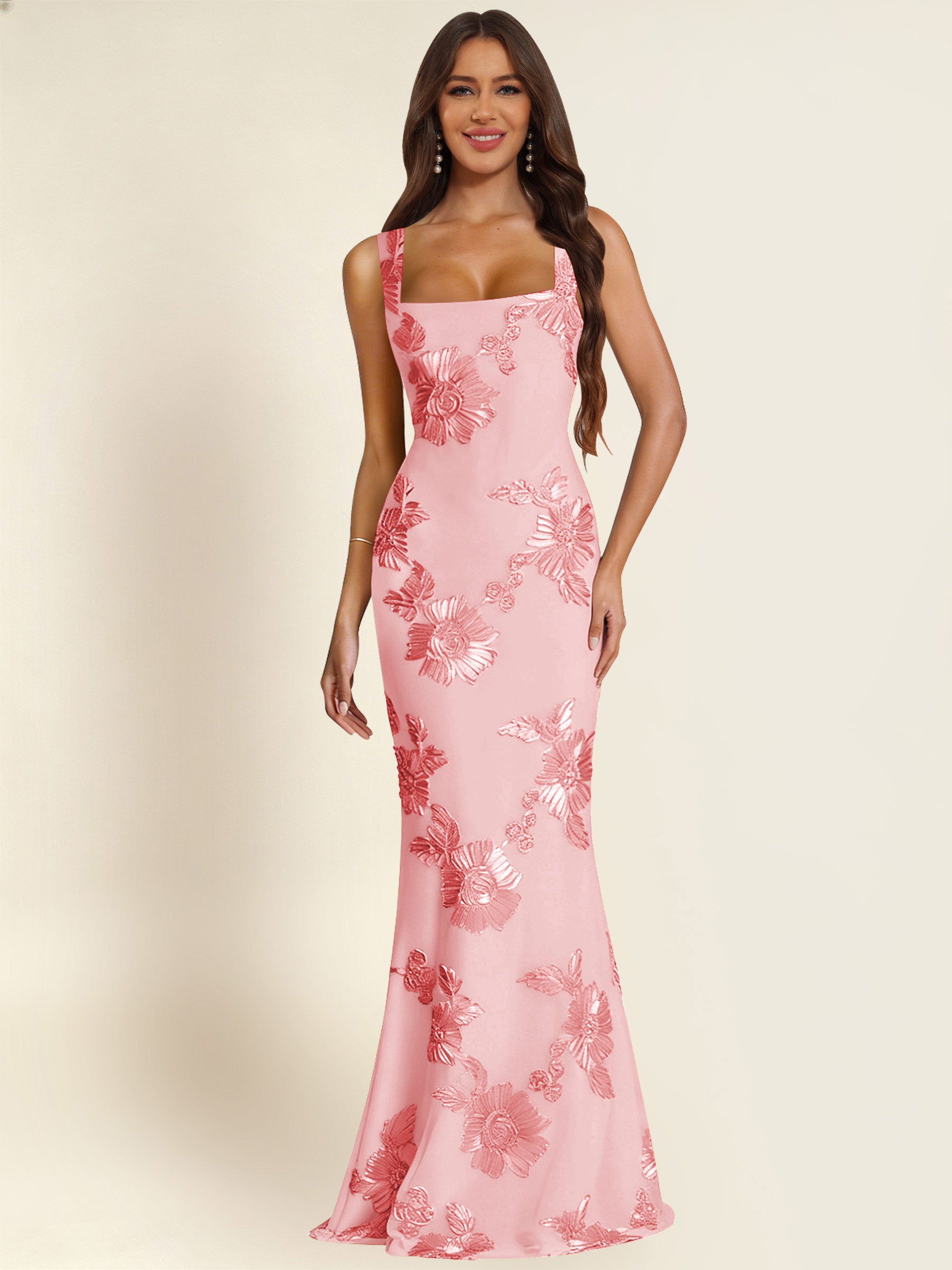 ROVDESY Square Neck Floral Applique Mermaid Long Prom/Bridesmaid Dress
