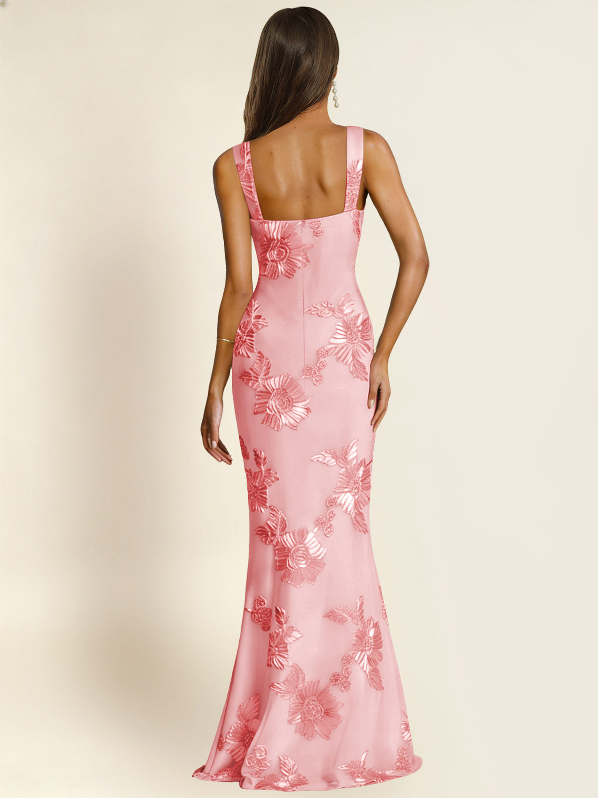 ROVDESY Square Neck Floral Applique Mermaid Long Prom/Bridesmaid Dress