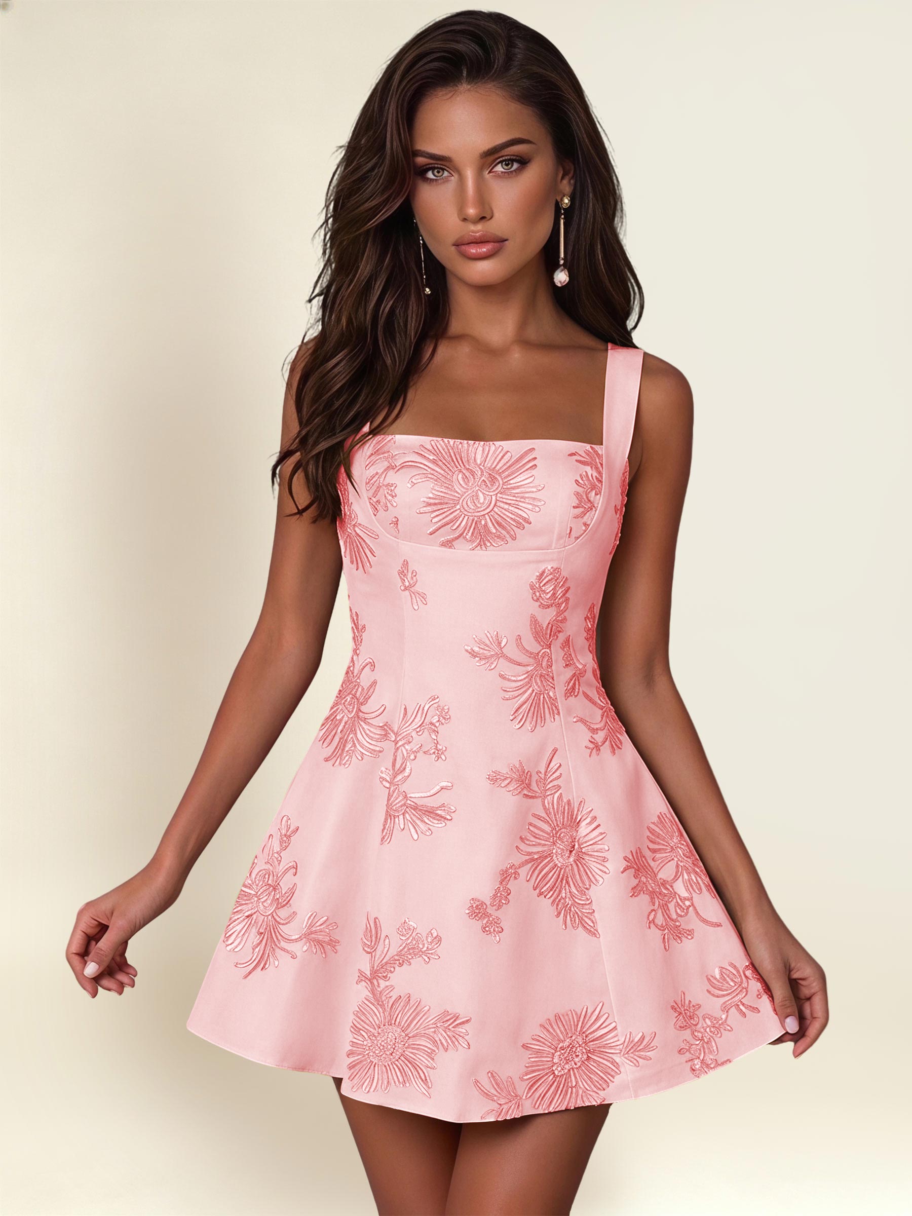 ROVDESY A-Line Square Neck Floral Embroidery Homecoming Mini Dress With Bow
