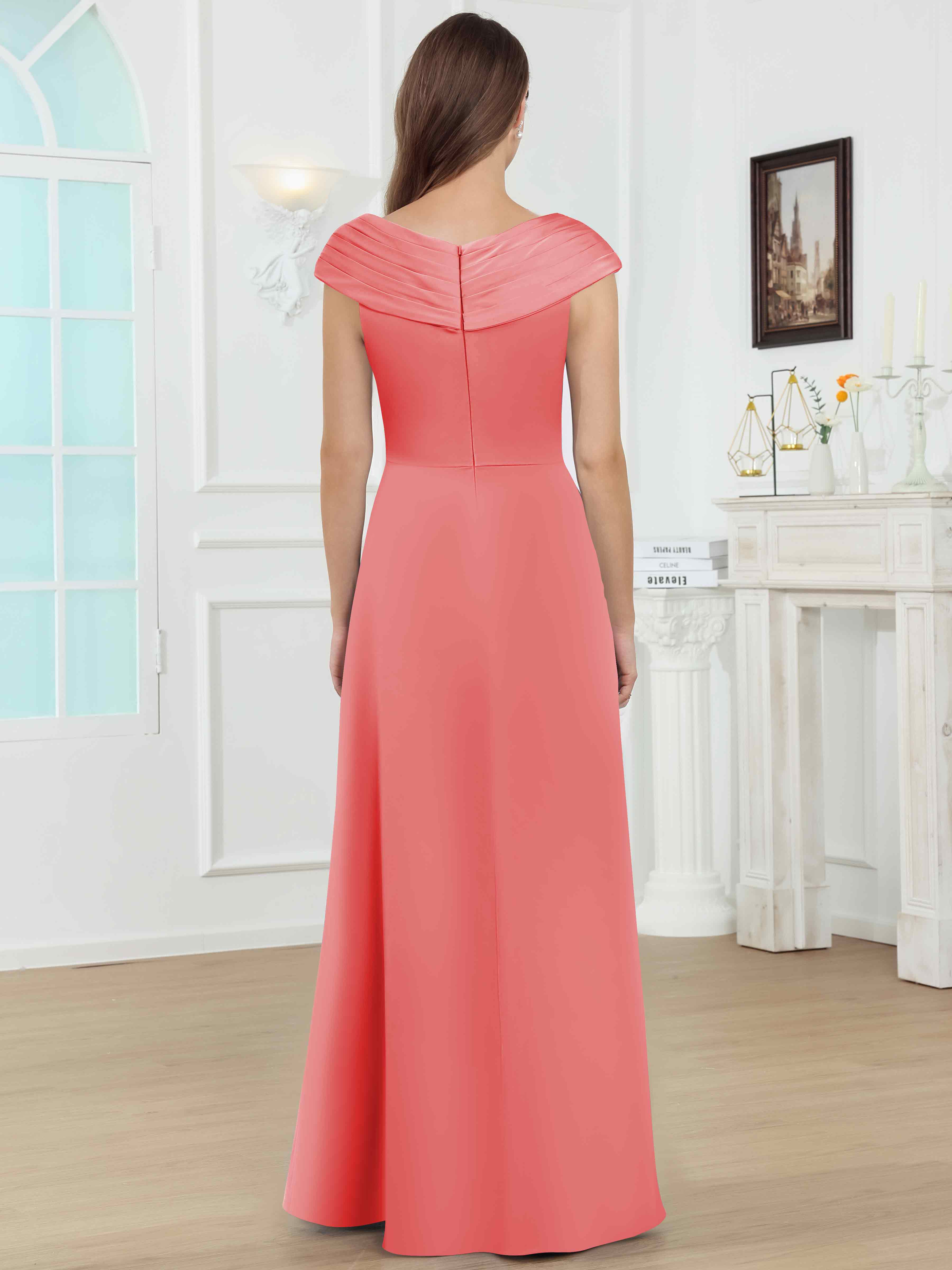ROVDESY V-Neck Off The Shoulder Pleated Satin Mother Of The Bride Dress With Slit