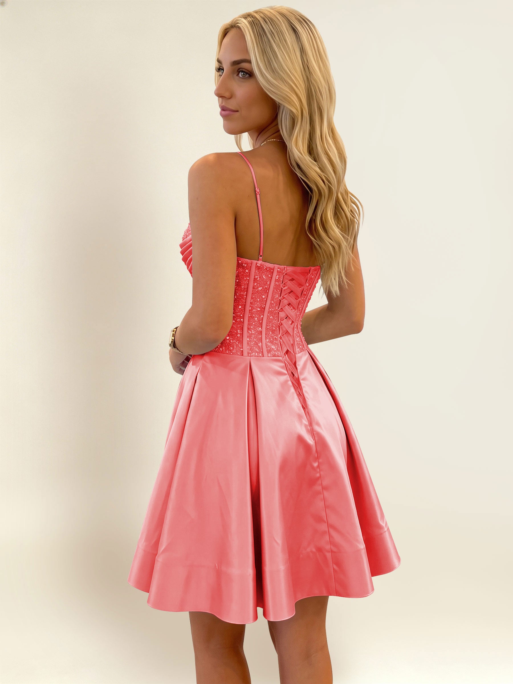 ROVDESY A-Line Spaghetti Strap Sequin Corset Satin Homecoming Mini Dress