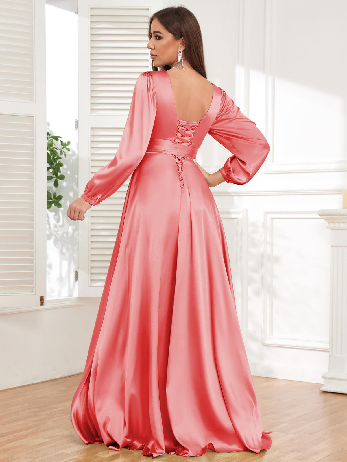 V Neck Satin Long Sleeve Bridesmaid Dress with Slit