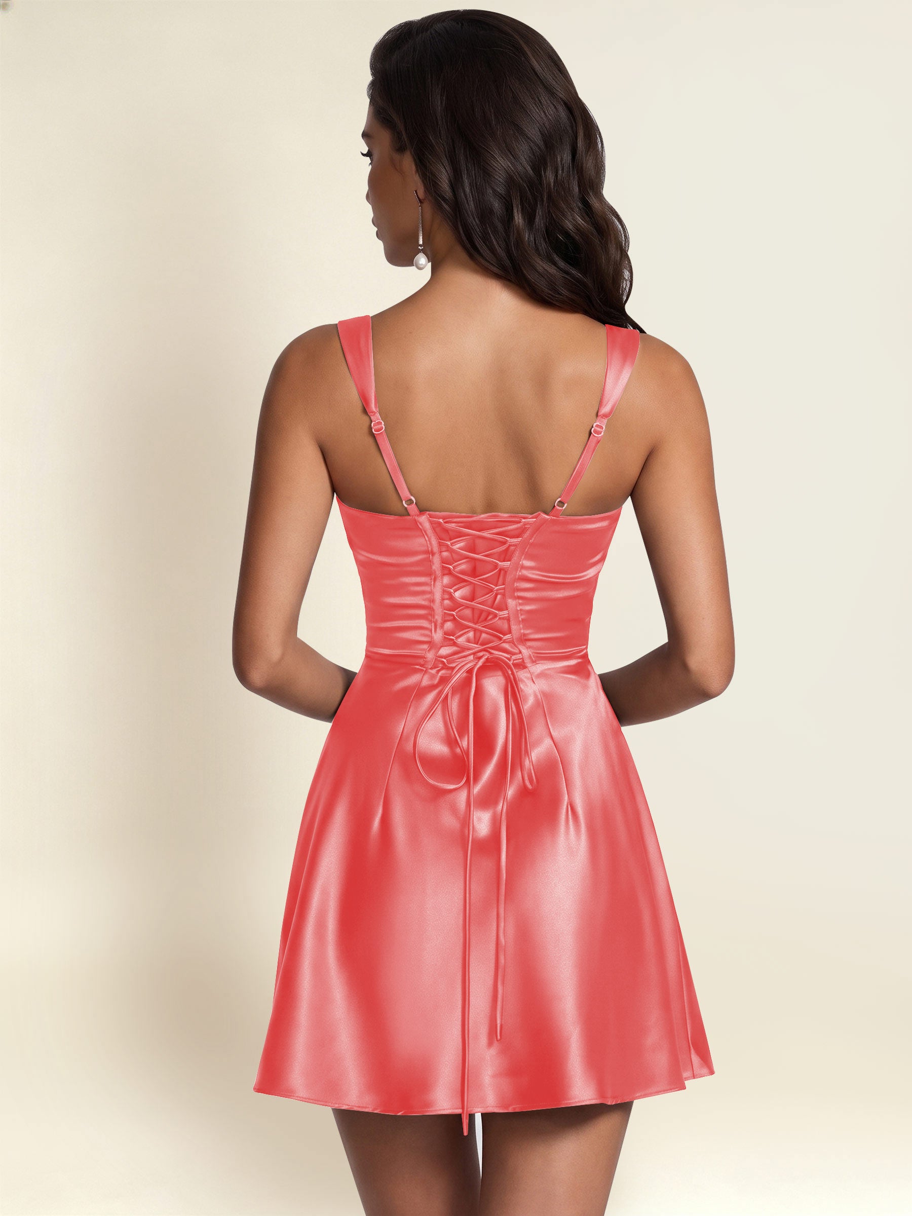 ROVDESY Square Neck Pleated Satin Homecoming Mini Dress