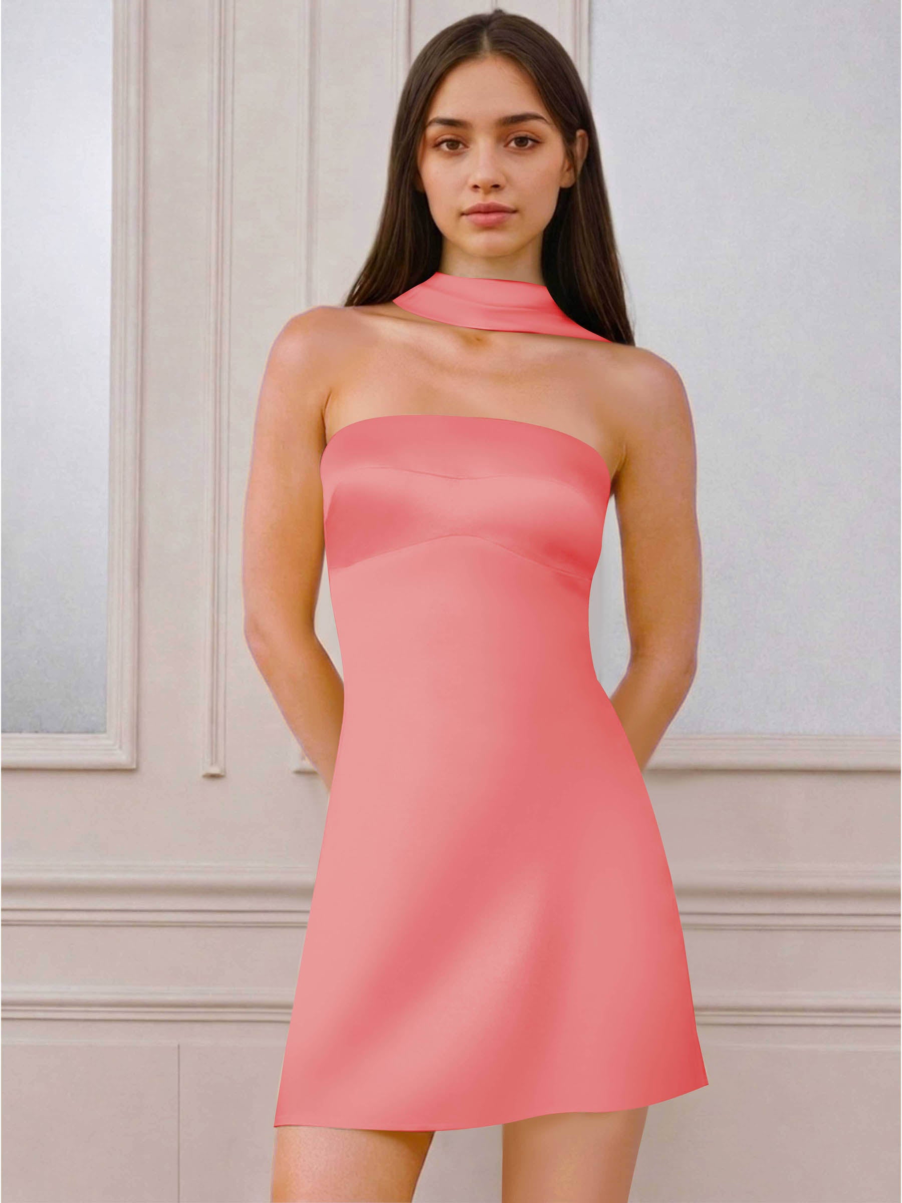 ROVDESY A-Line Halter Neck Satin Homecoming Mini Dress