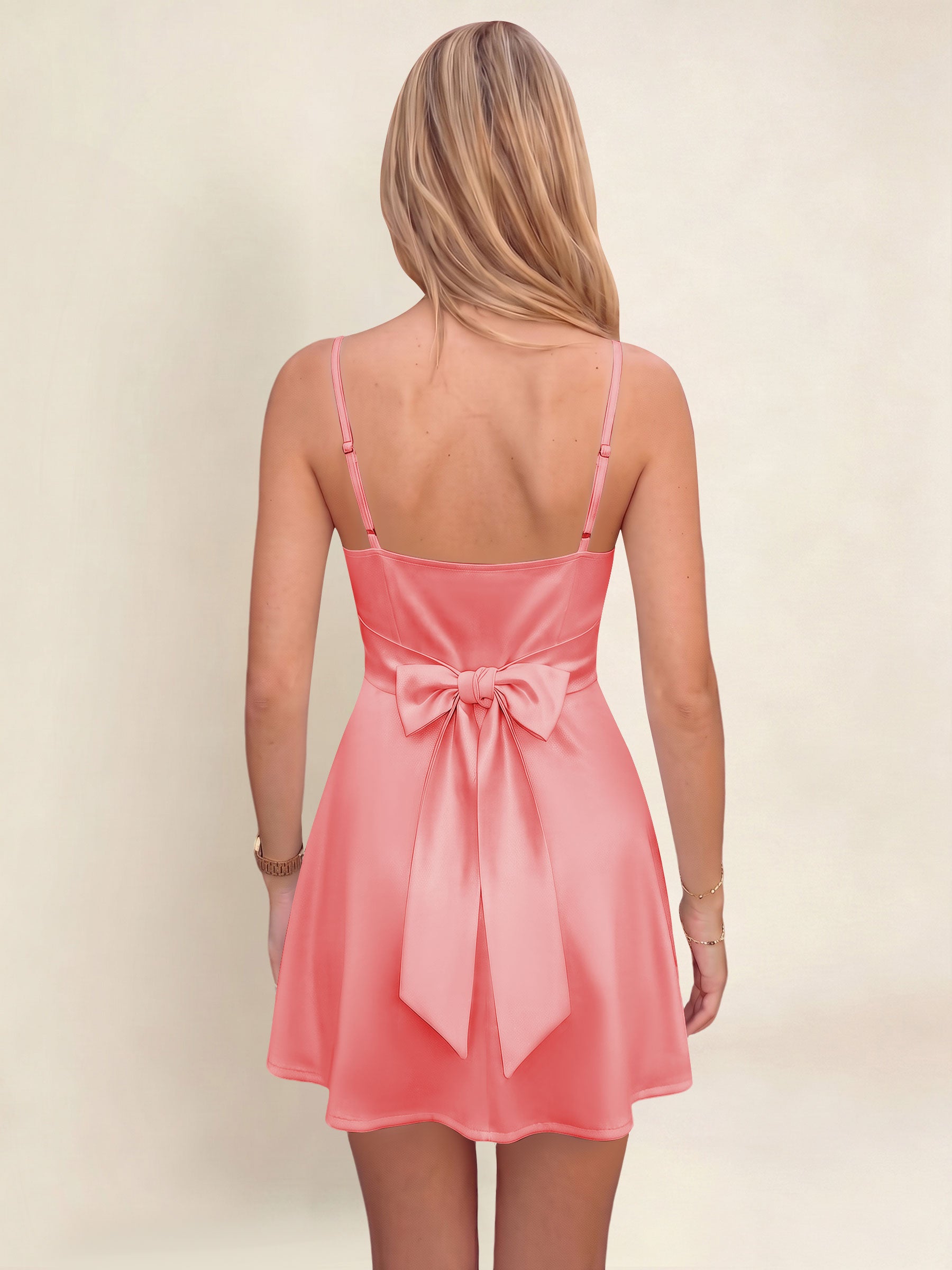 ROVDESY A-Line Spaghetti Strap Cowl Neck Satin Mini Homecoming Dress With Bow