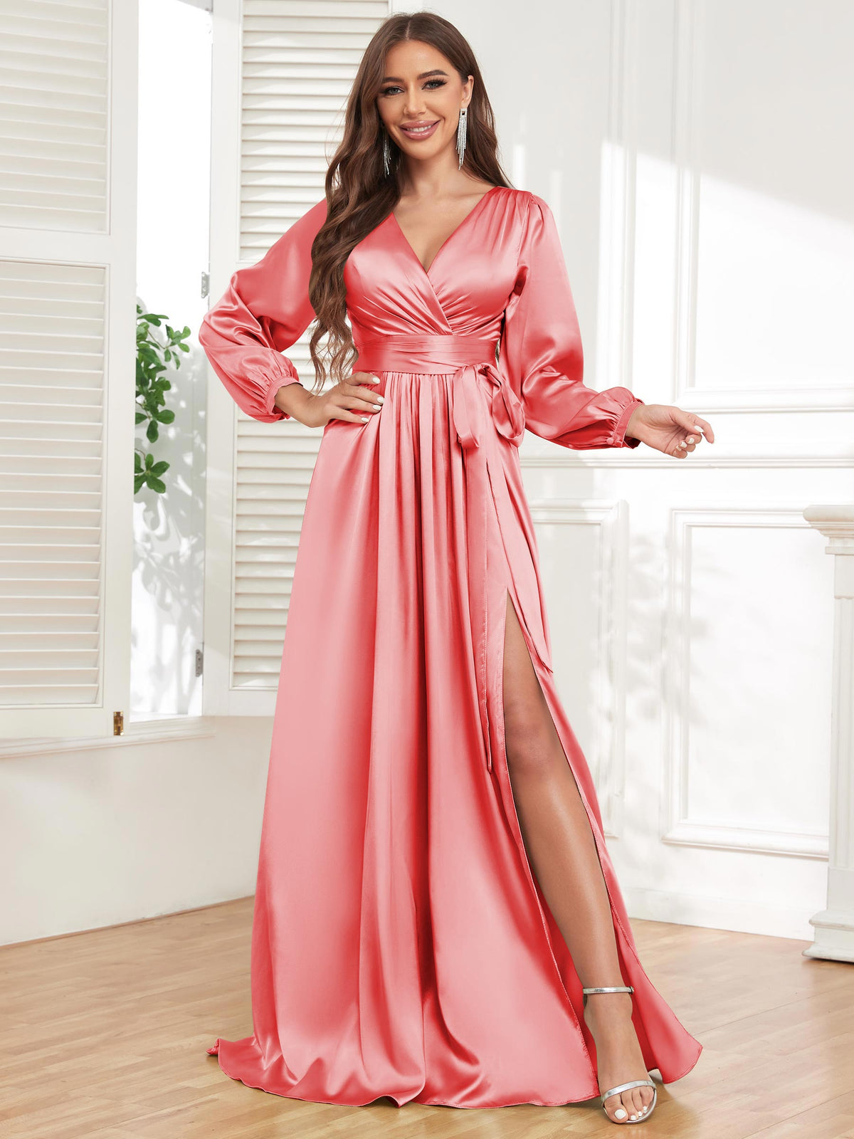 V Neck Satin Long Sleeve Bridesmaid Dress with Slit