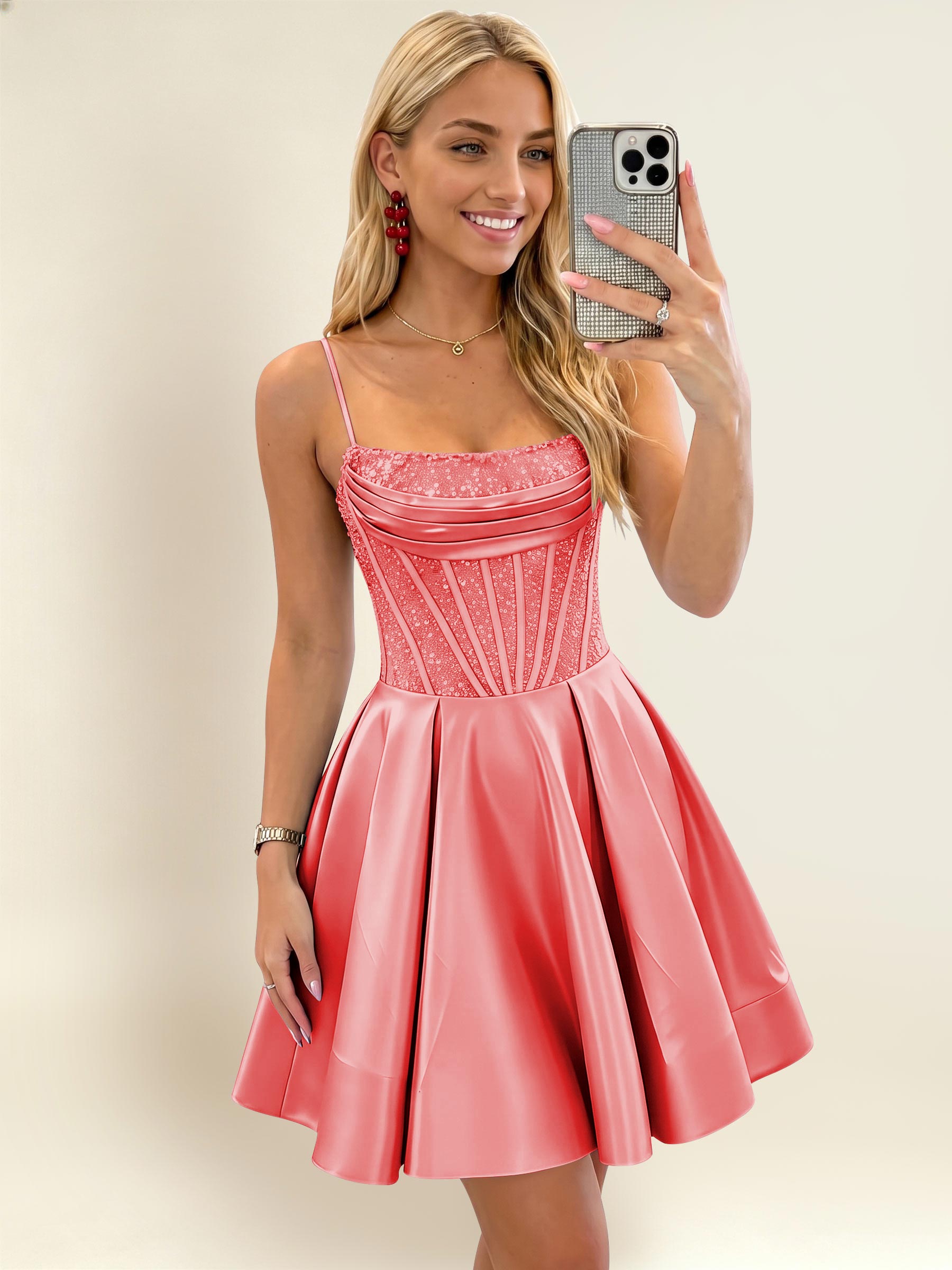 ROVDESY A-Line Spaghetti Strap Sequin Corset Satin Homecoming Mini Dress