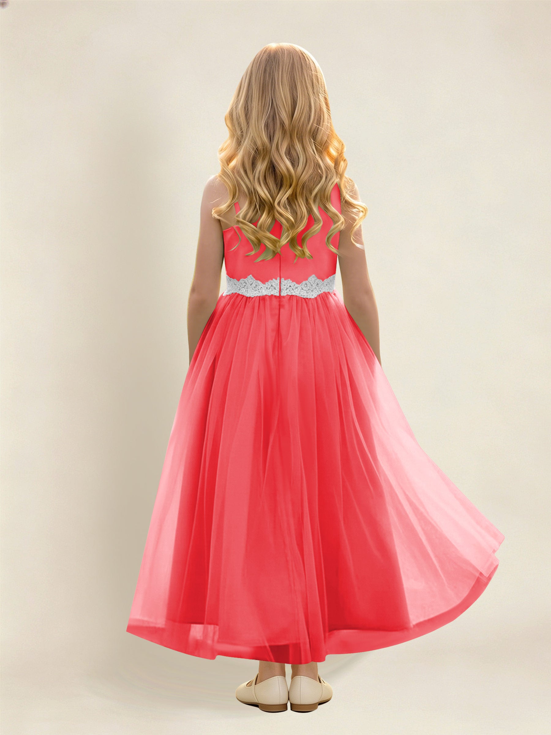 ROVDESY Asymmetric One Shoulder  Satin  Tulle Junior Bridesmaid Dress