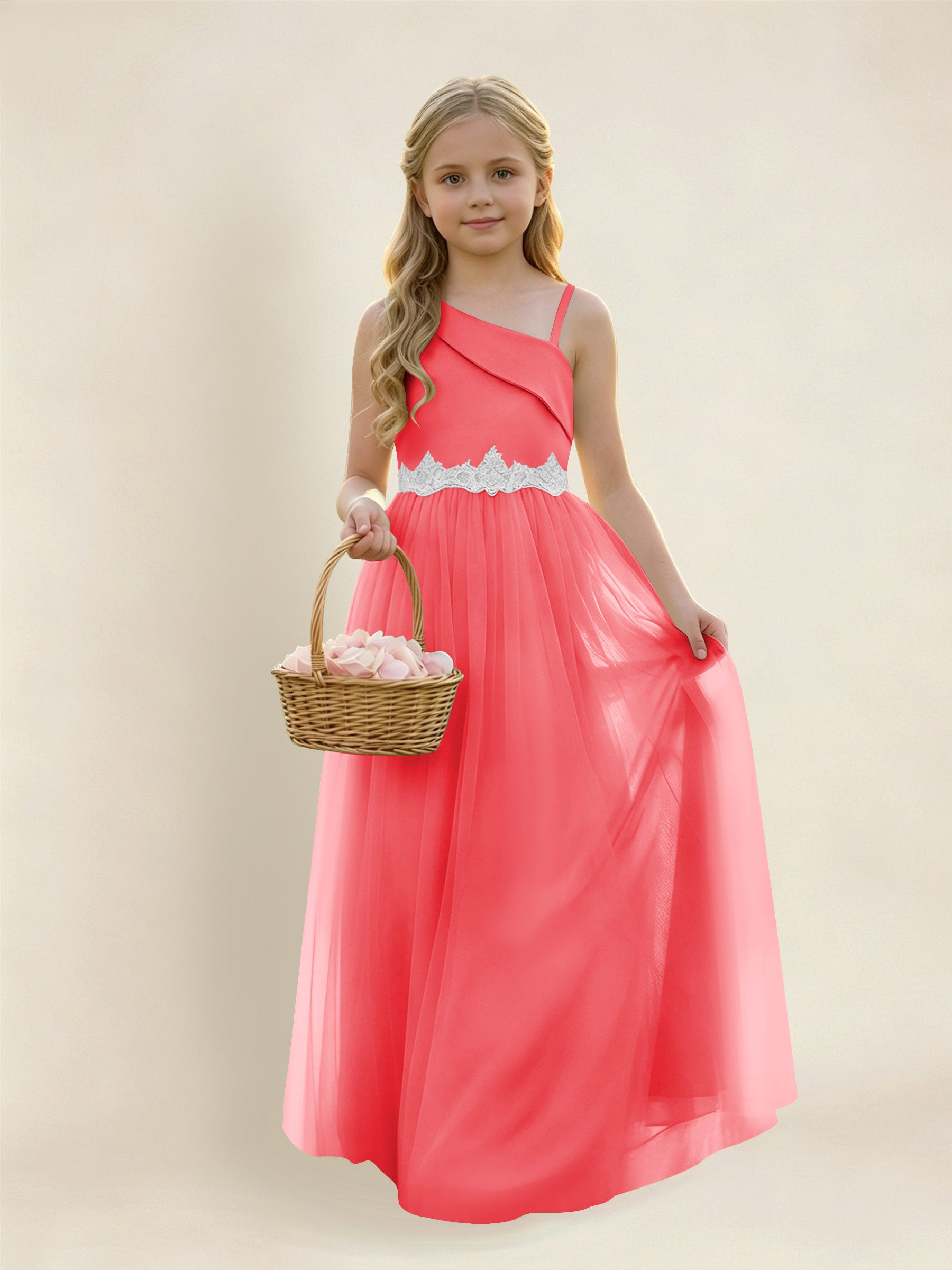 ROVDESY Asymmetric One Shoulder  Satin  Tulle Junior Bridesmaid Dress
