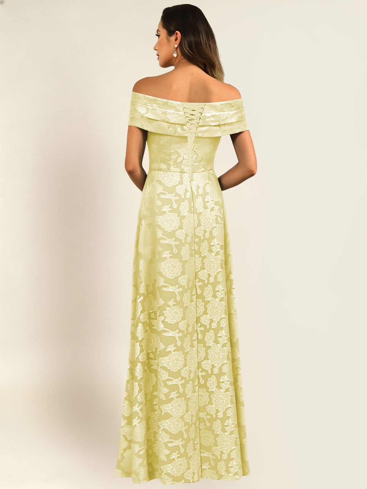 ROVDESY Off the Shoulder Floral Jacquard A-Line Long Mother of the Bride Dress