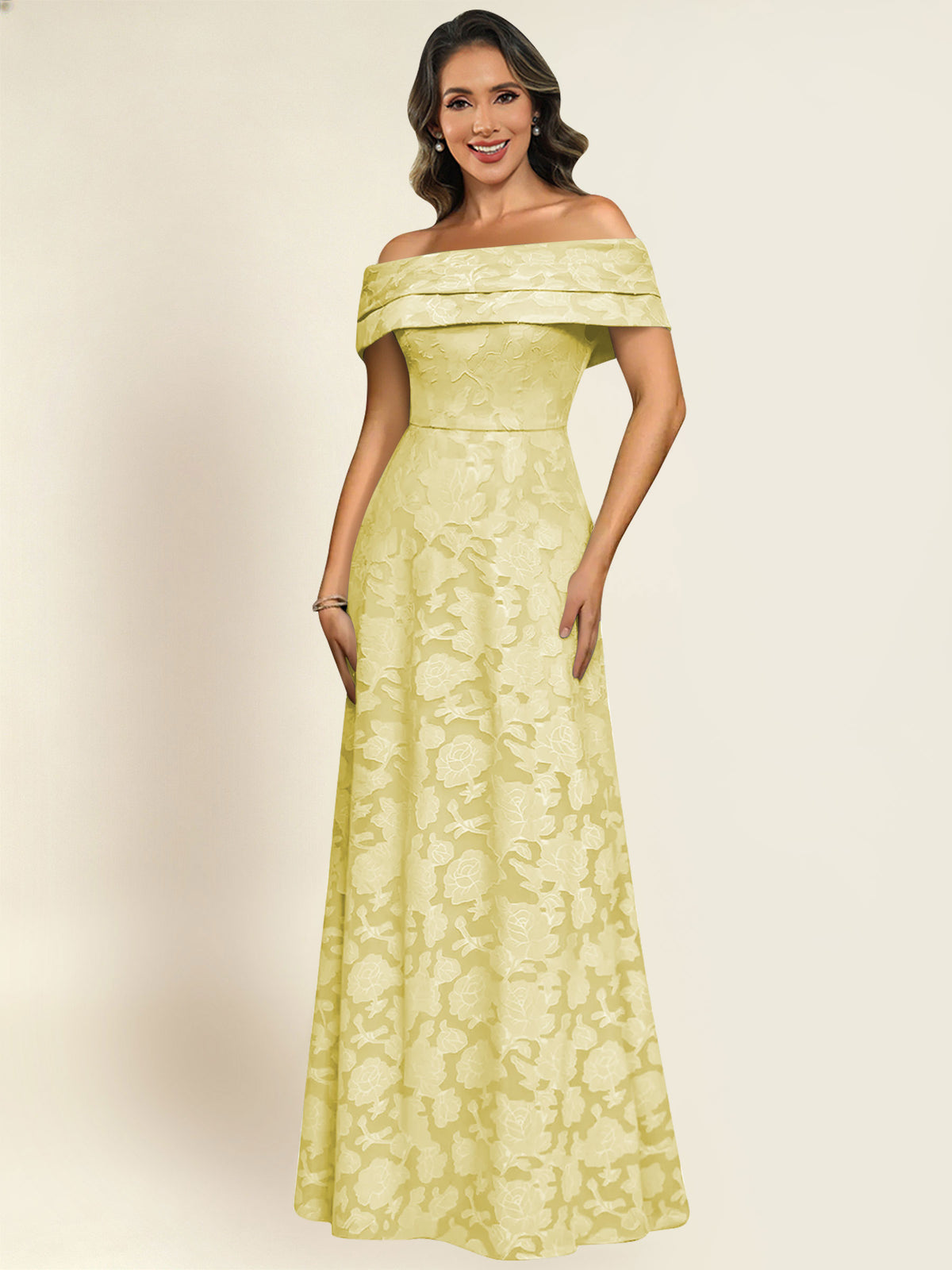 ROVDESY Off the Shoulder Floral Jacquard A-Line Long Mother of the Bride Dress