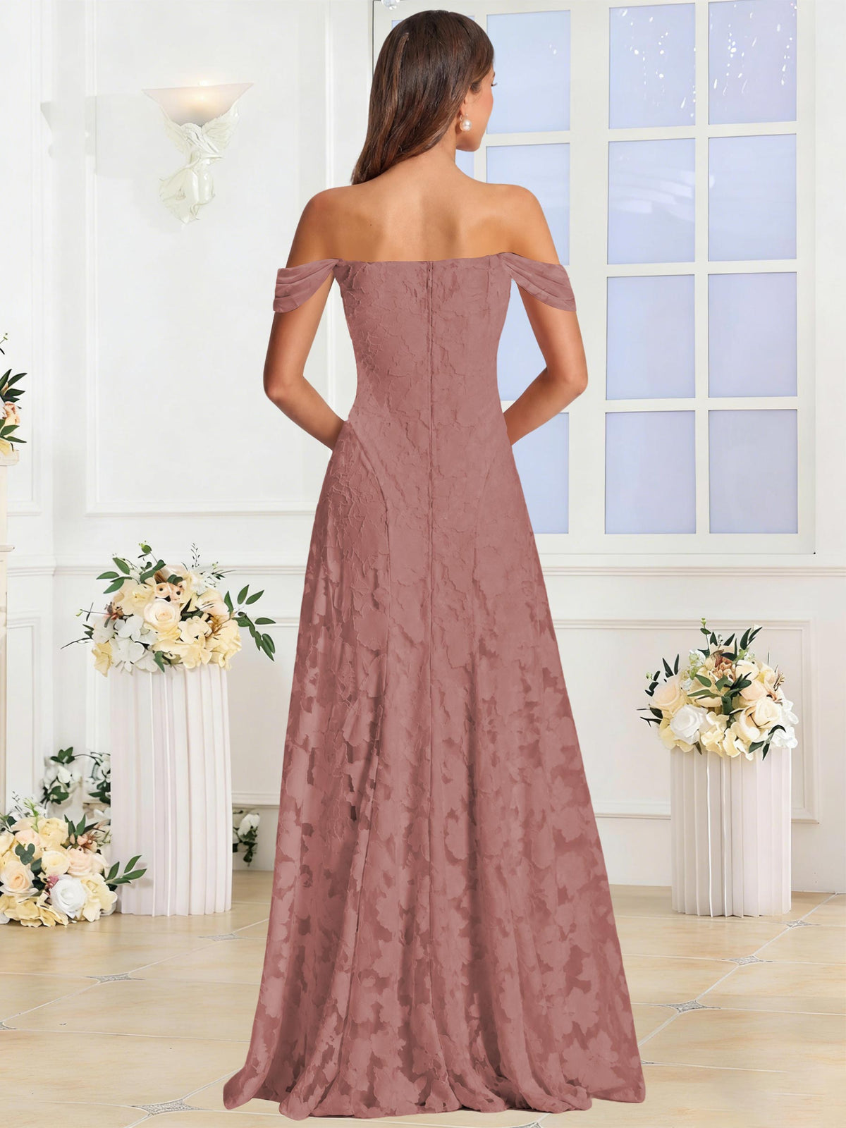 Off the Shoulder Floral Ruched A-line Bridesmaid Dress