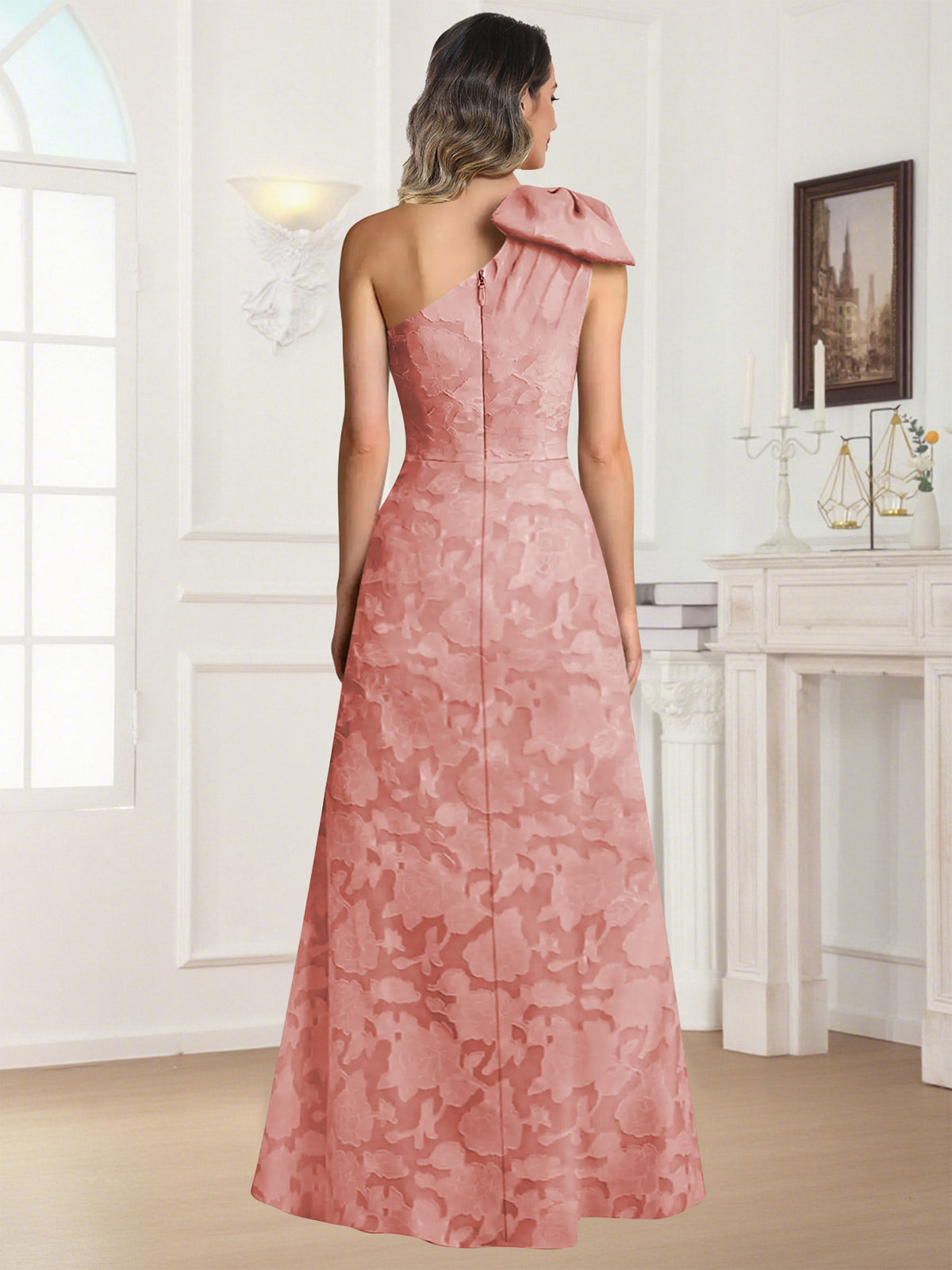 One Shoulder Floral Jacquard Mother of the Bride Dress