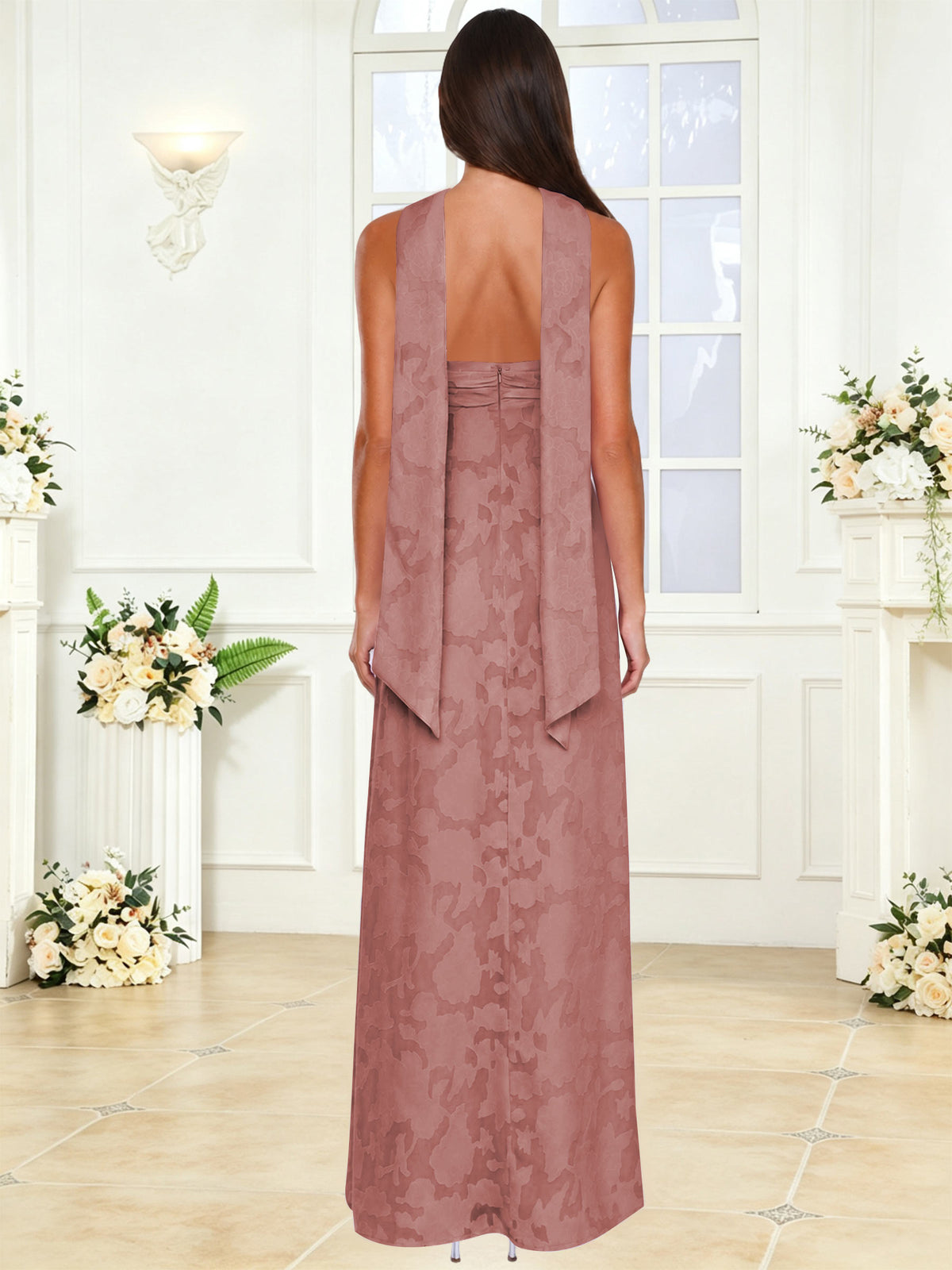 Spaghetti Strap Ruched Floral Jacquard A Line Bridesmaid Dress with Scarf