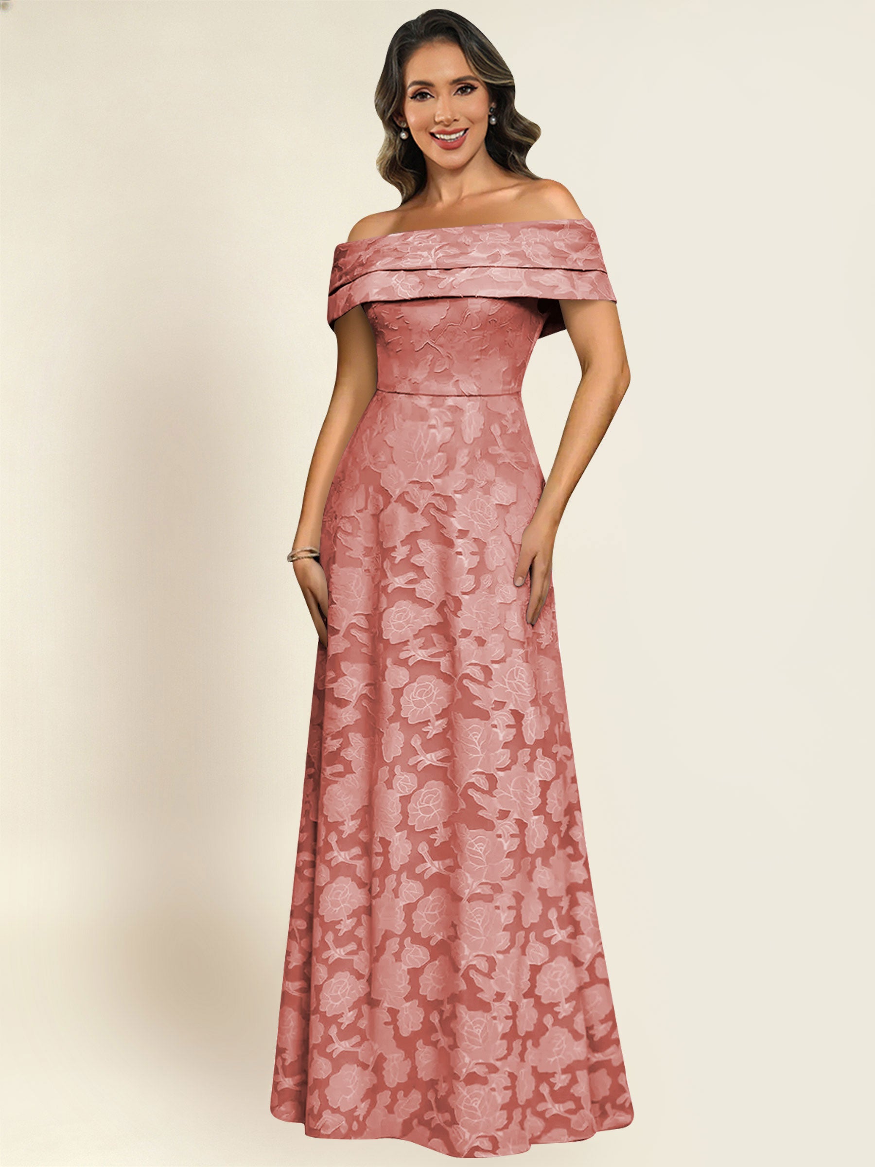 ROVDESY Off the Shoulder Floral Jacquard A-Line Long Mother of the Bride Dress