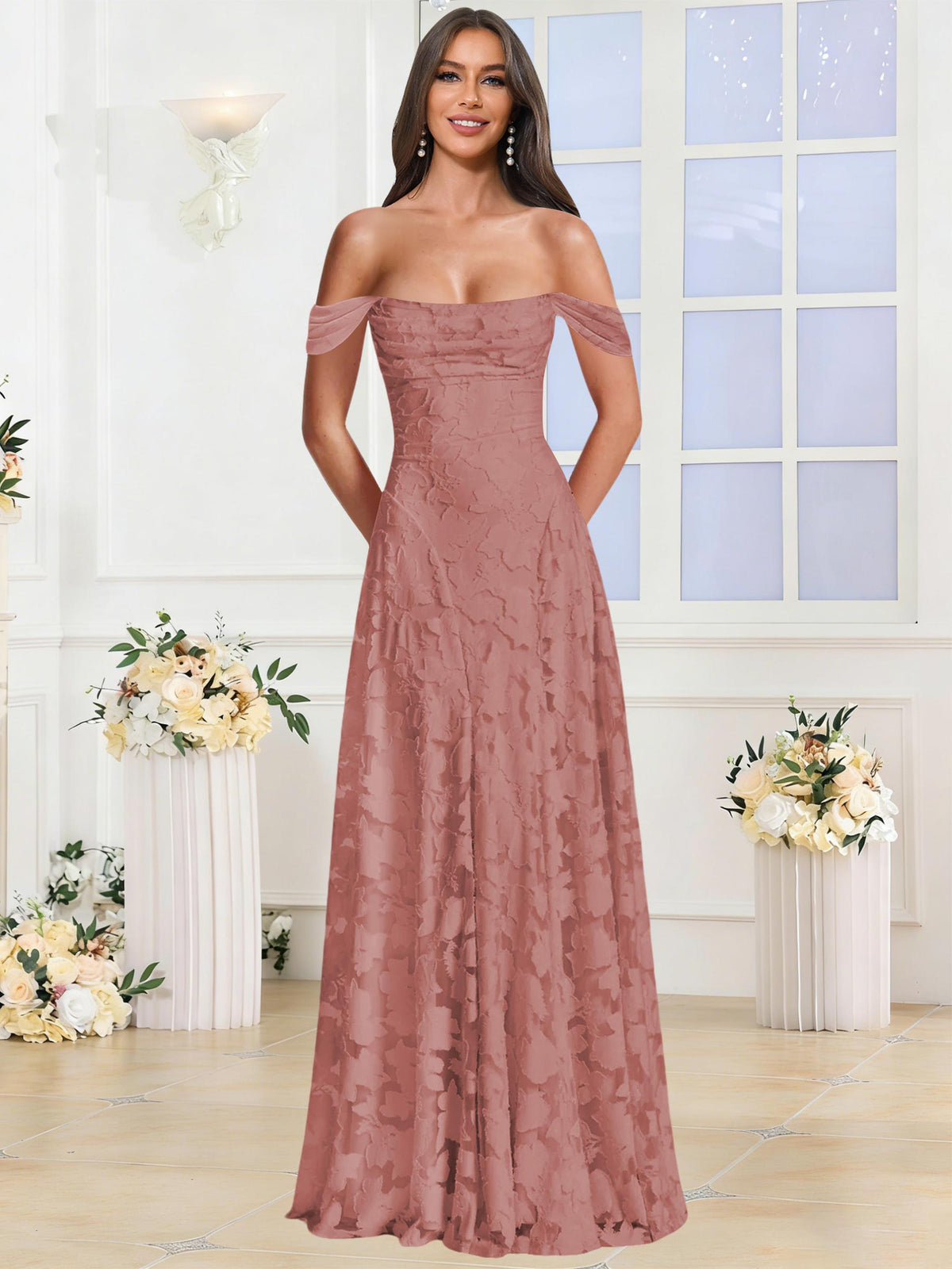 Off the Shoulder Floral Ruched A-line Bridesmaid Dress