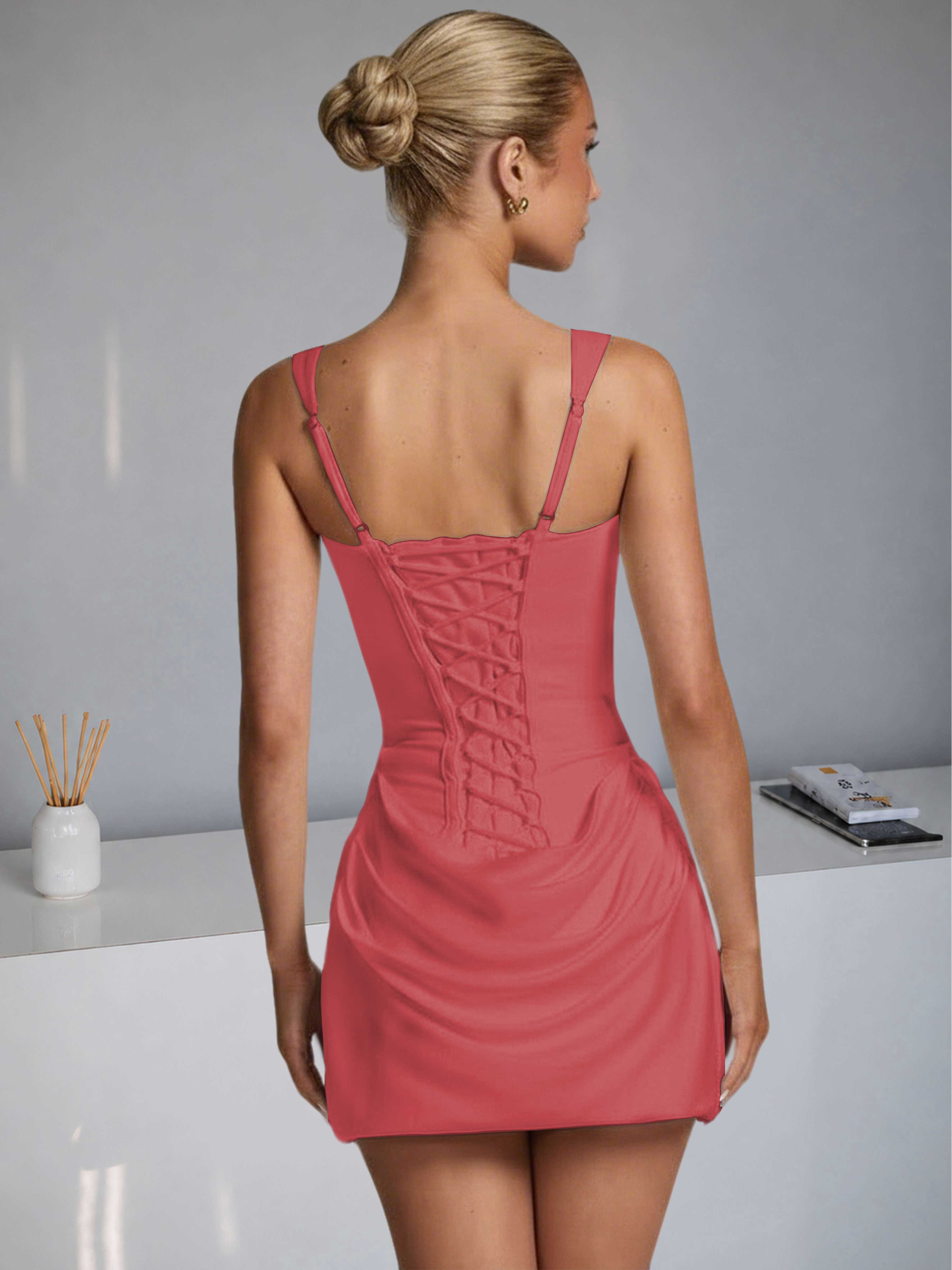 ROVDESY Square Neck Ruched Satin Homecoming Mini Dress