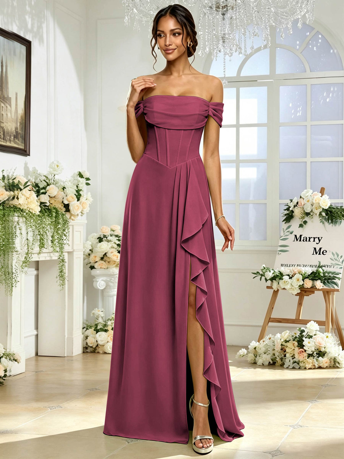 Off the Shoulder Chiffon A Line Long Bridesmaid Dress with Slit