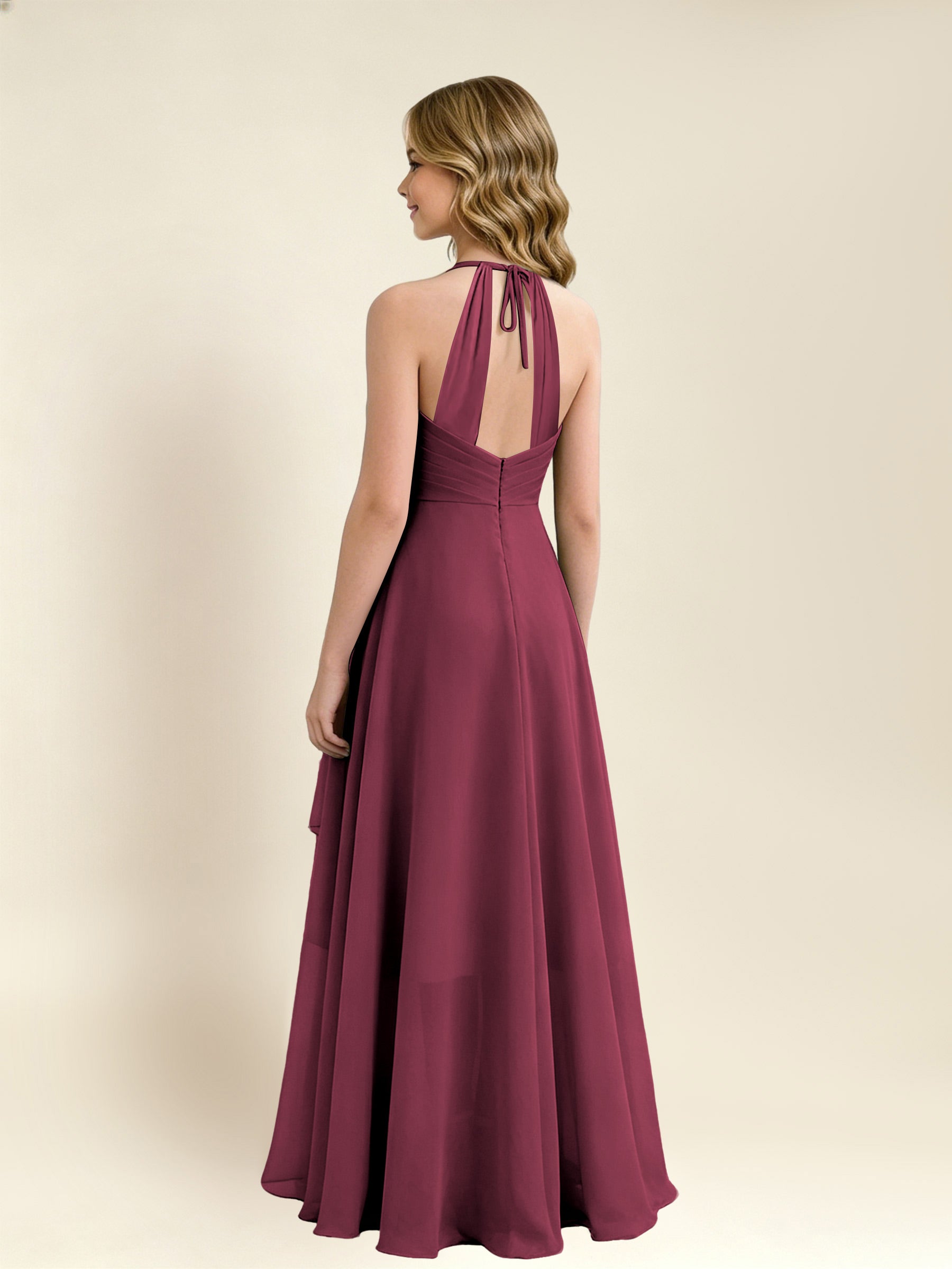 ROVDESY A-Line Halter Pleated Chiffon Junior Bridesmaid Dress
