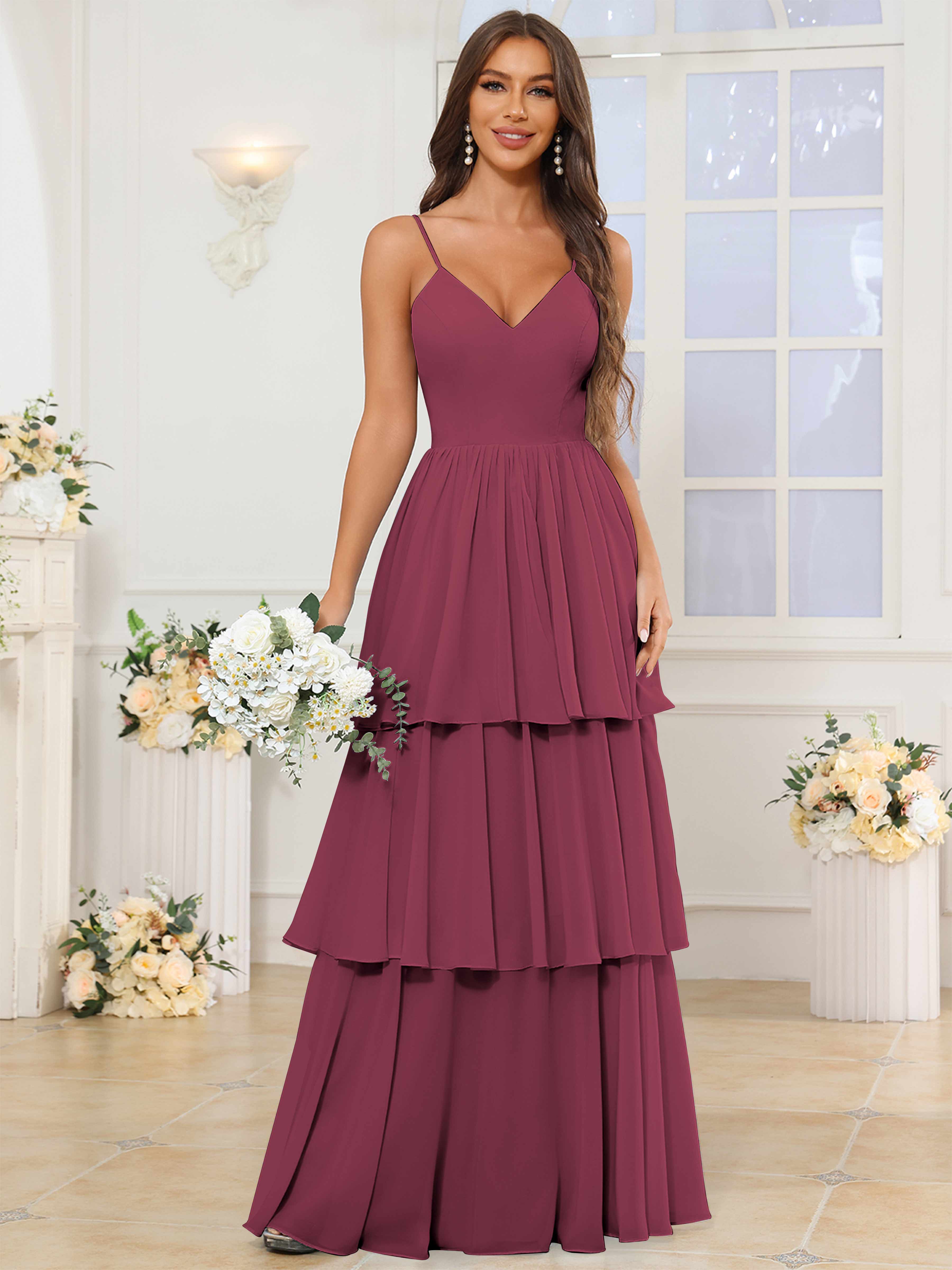 ROVDESY V-Neck Spaghetti Straps Tiered Chiffon Bridesmaid Dress With Ruffles