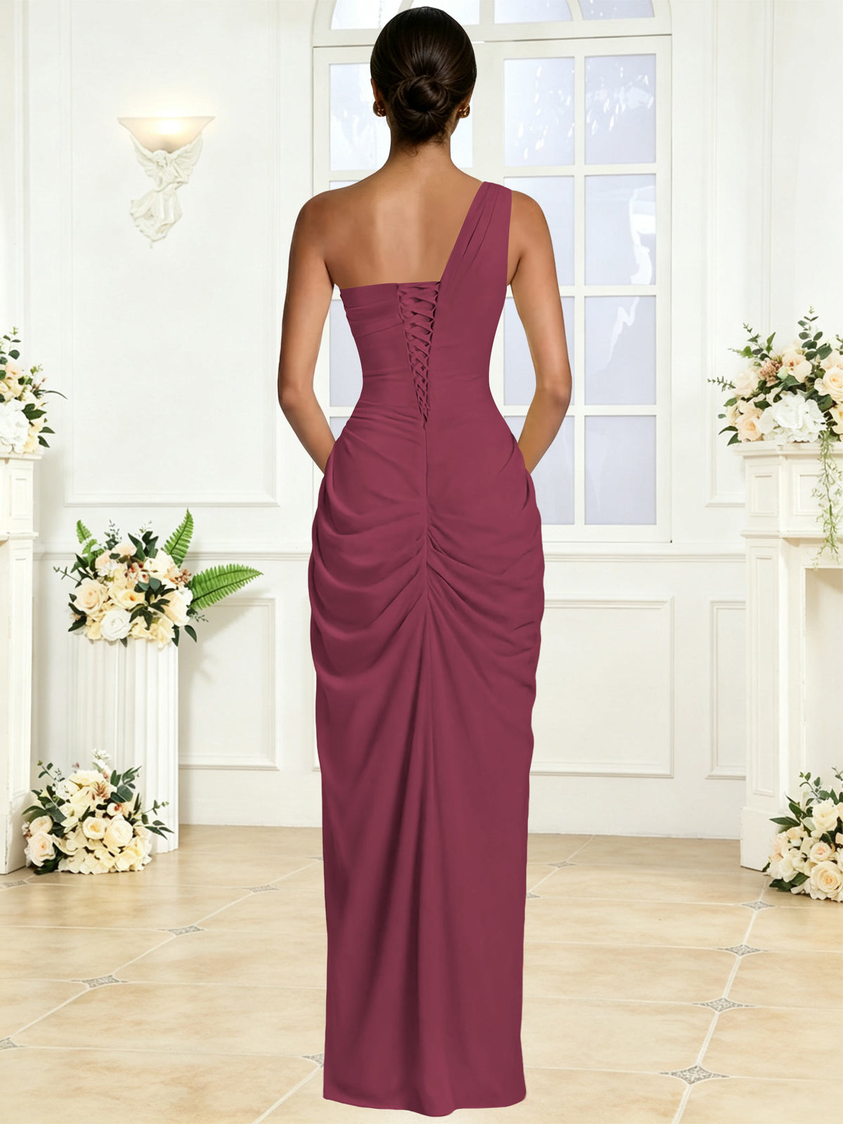 One Shoulder Chiffon Mermaid Long Bridesmaid Dress with Slit