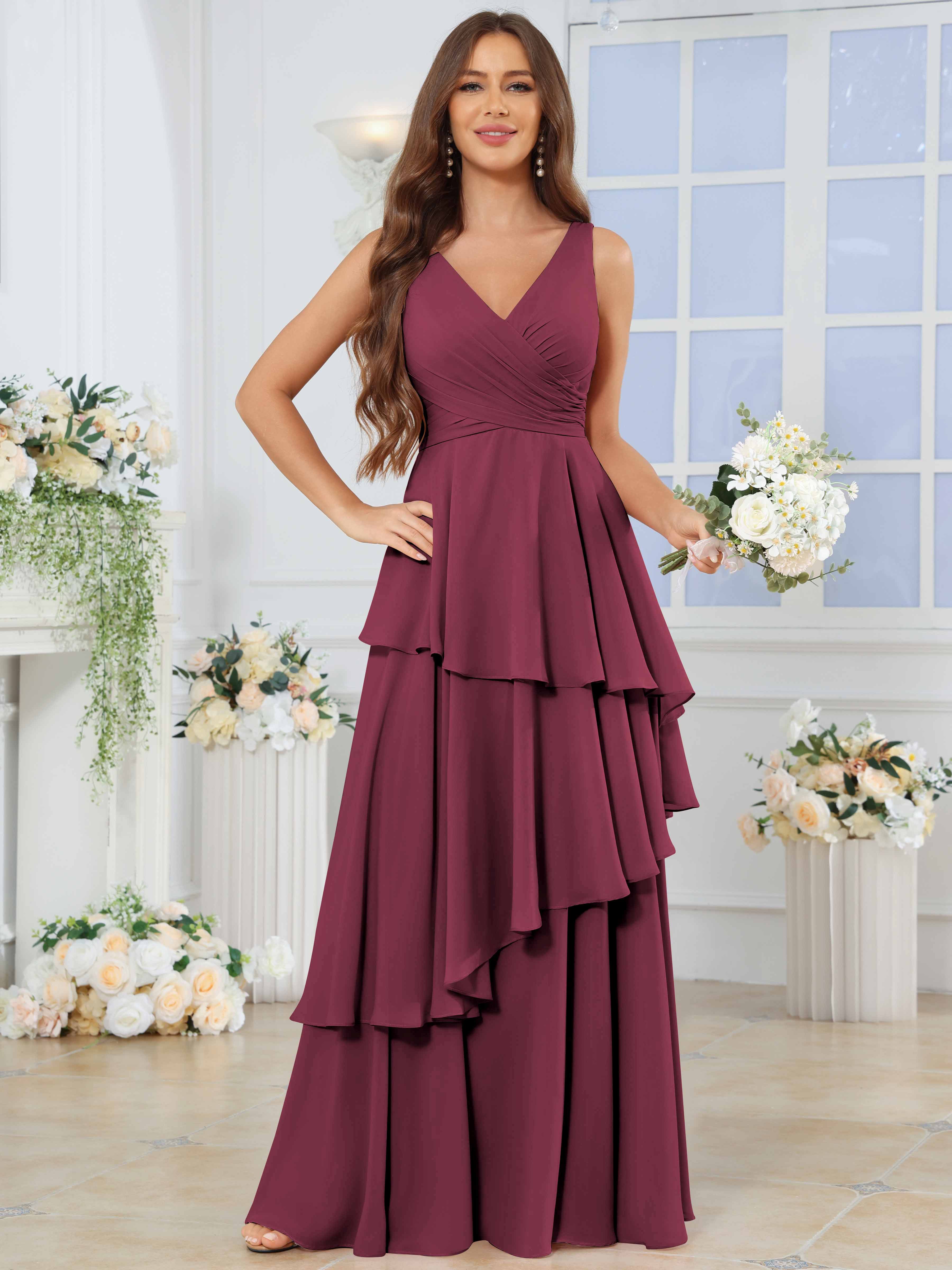 ROVDESY Long Sleeveless V-Neck Tiered Pleated Chiffon Bridesmaid Dress
