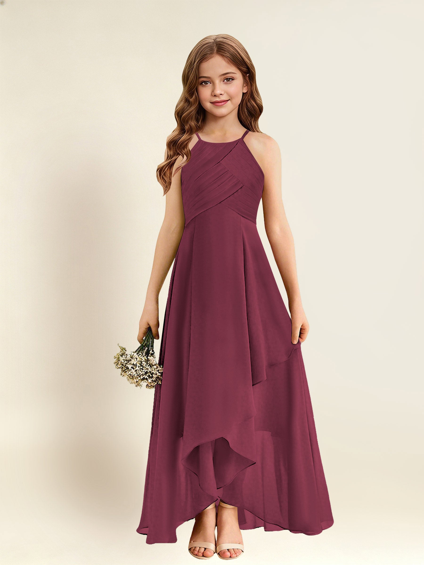 ROVDESY A-Line Halter Pleated Chiffon Junior Bridesmaid Dress