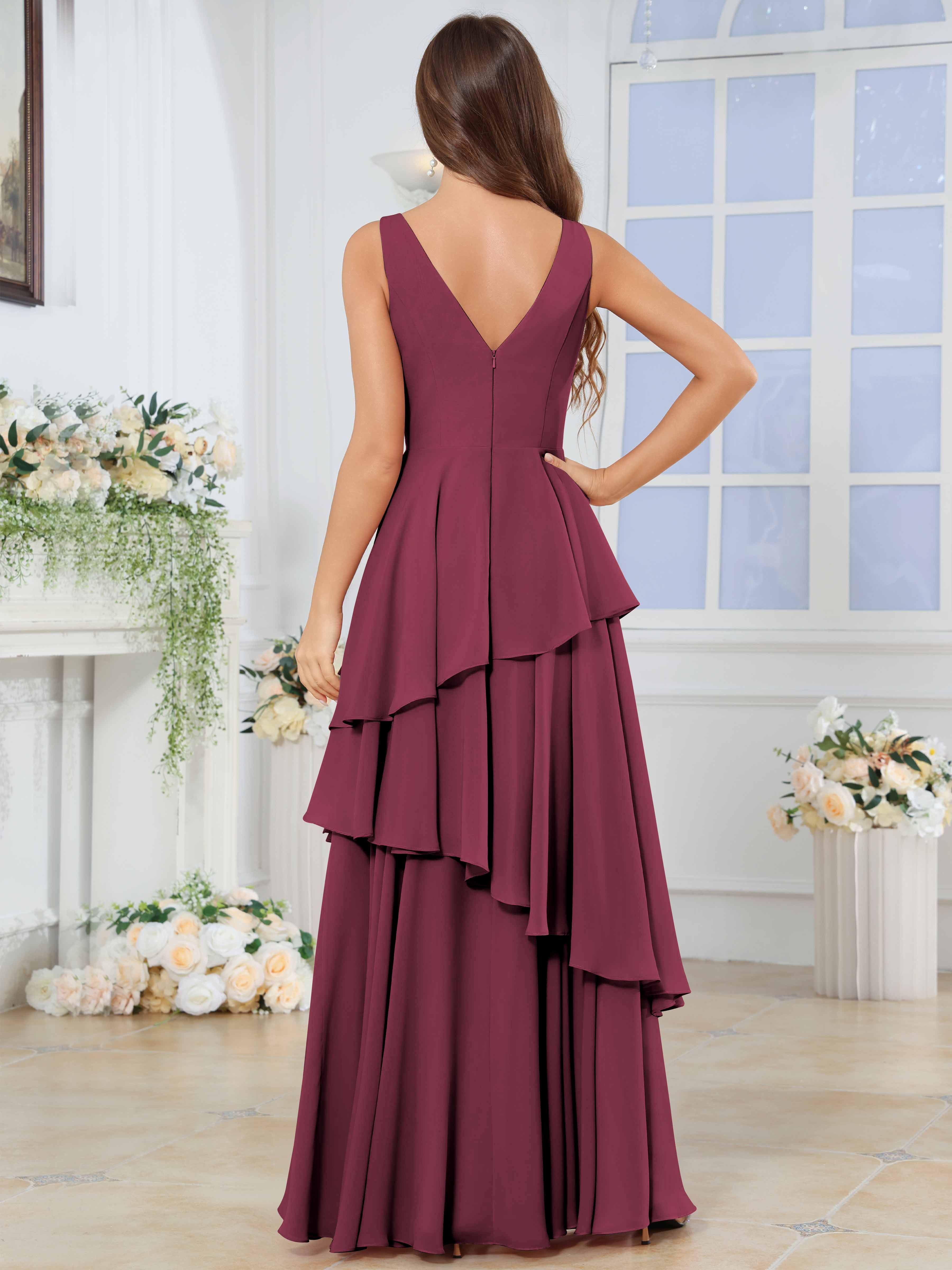 ROVDESY Long Sleeveless V-Neck Tiered Pleated Chiffon Bridesmaid Dress