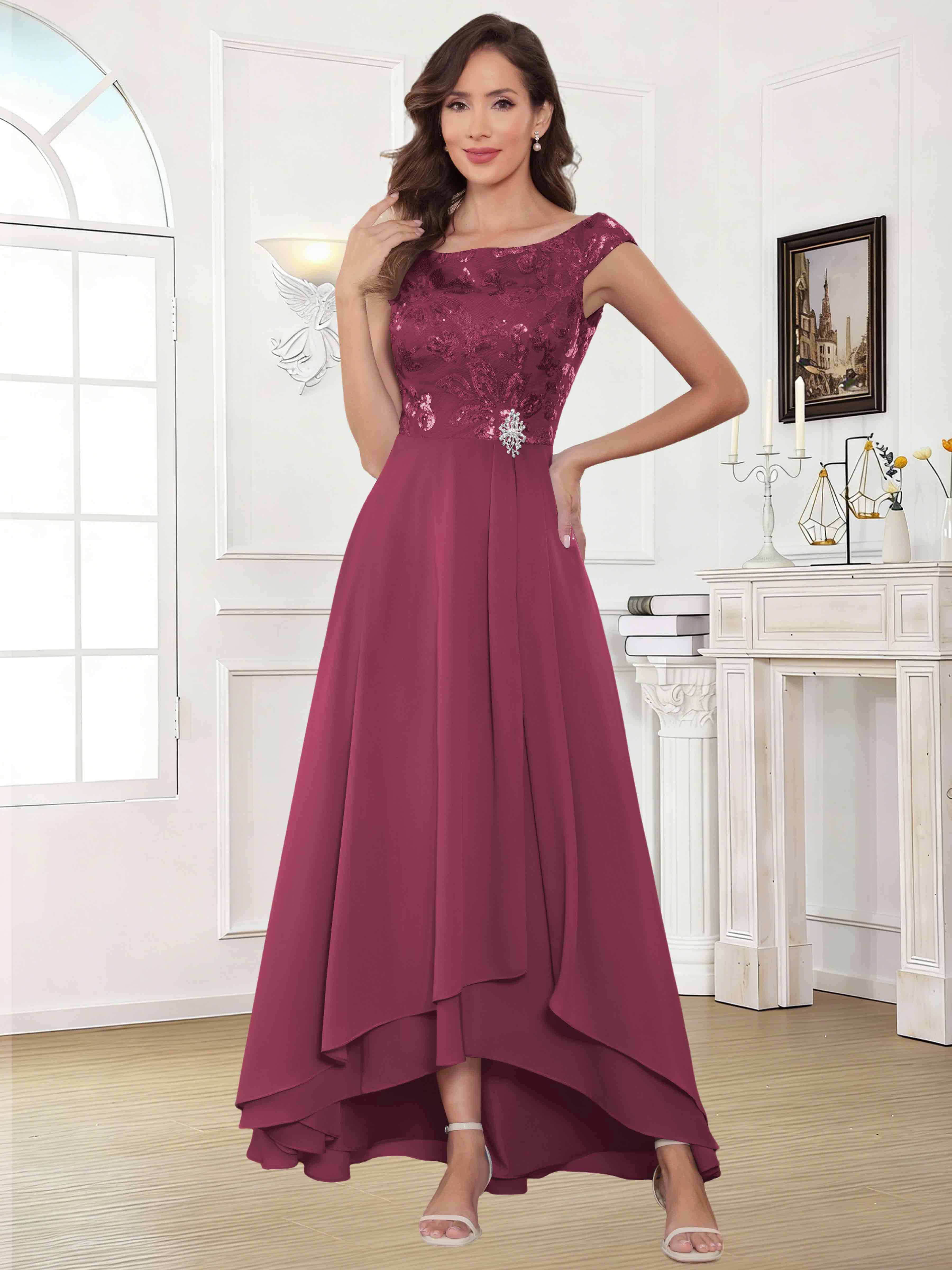 ROVDESY Tea Length Off-The-Shoulder Sequin Chiffon Mother Of The Bride Dress