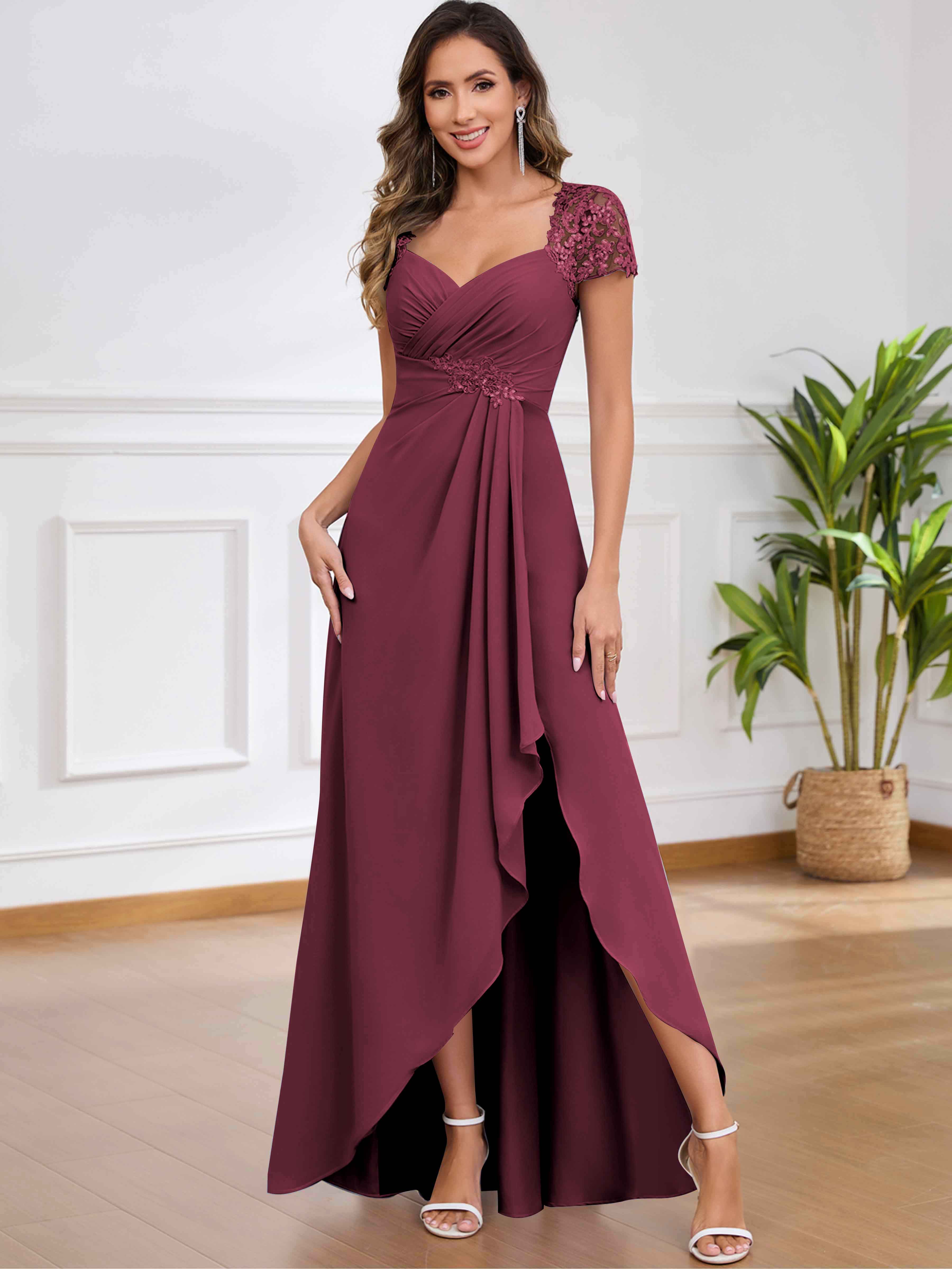 ROVDESY A-Line Pleated Lace Sequin Ruffle Chiffon Mother Of The Bride Dress With Slit