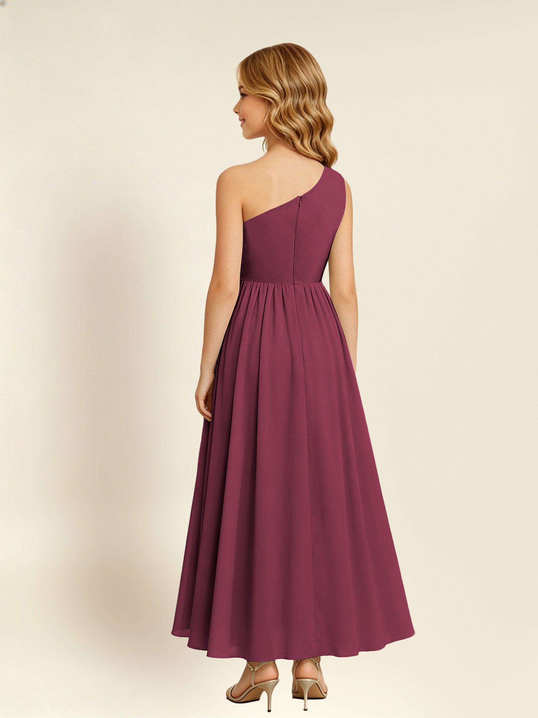 ROVDESY One Shoulder Twist Waist Chiffon Junior Bridesmaid Maxi Dress