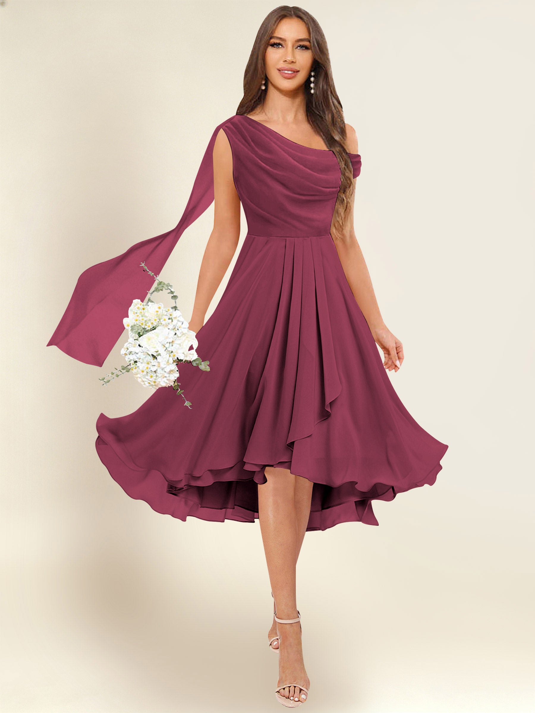 ROVDESY A-Line One Shoulder Pleated Chiffon Bridesmaid Dress With Flowing Sash