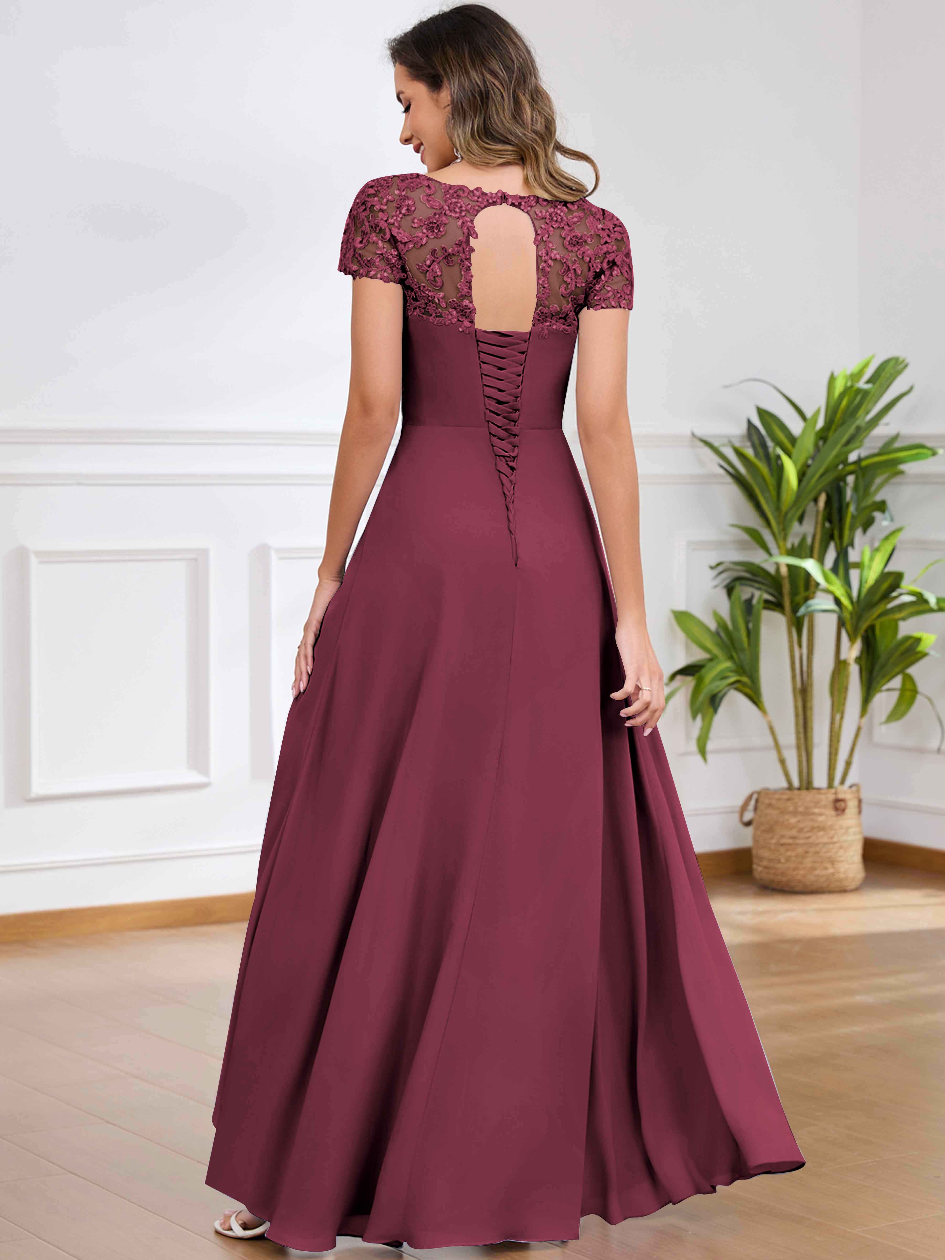 ROVDESY A-Line Pleated Lace Sequin Ruffle Chiffon Mother Of The Bride Dress With Slit
