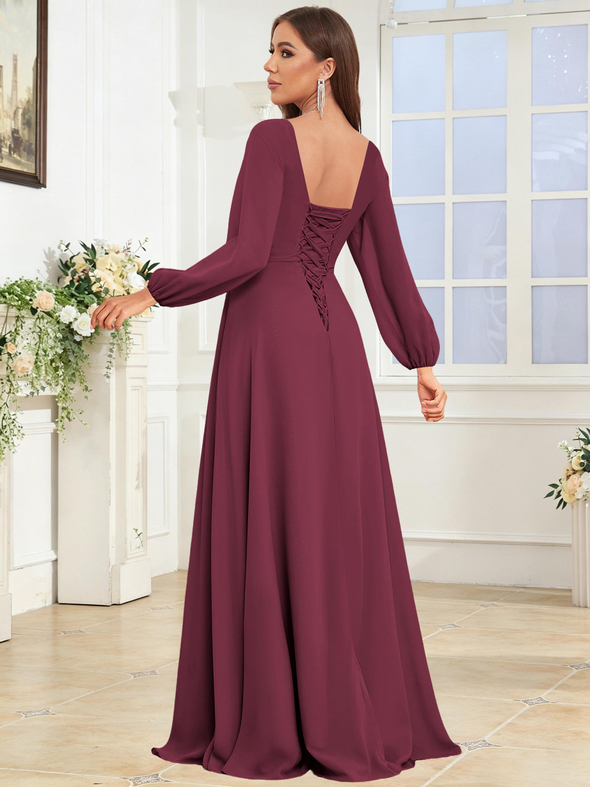V Neck Chiffon Long Sleeve Bridesmaid Dresses with Slit