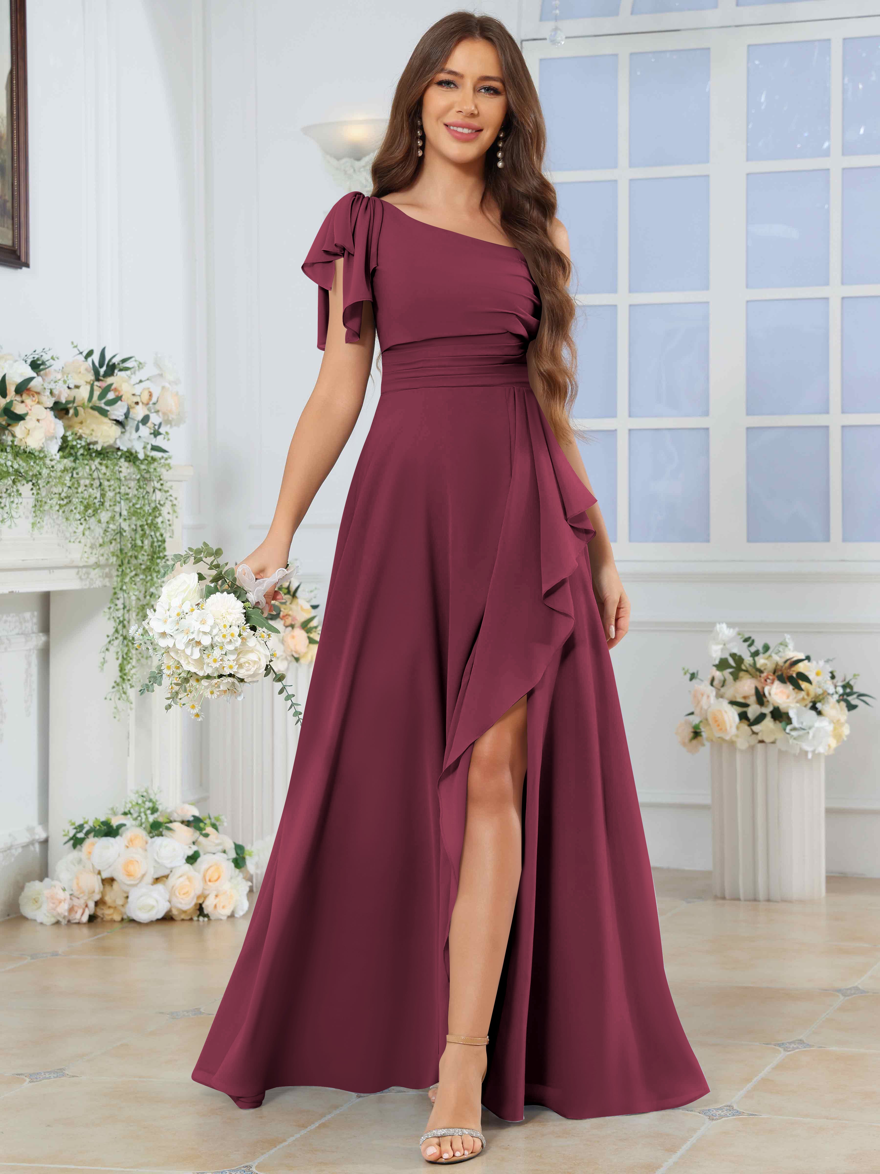 ROVDESY One Shoulder Pleated Ruffle Chiffon Bridesmaid Dress With Slit