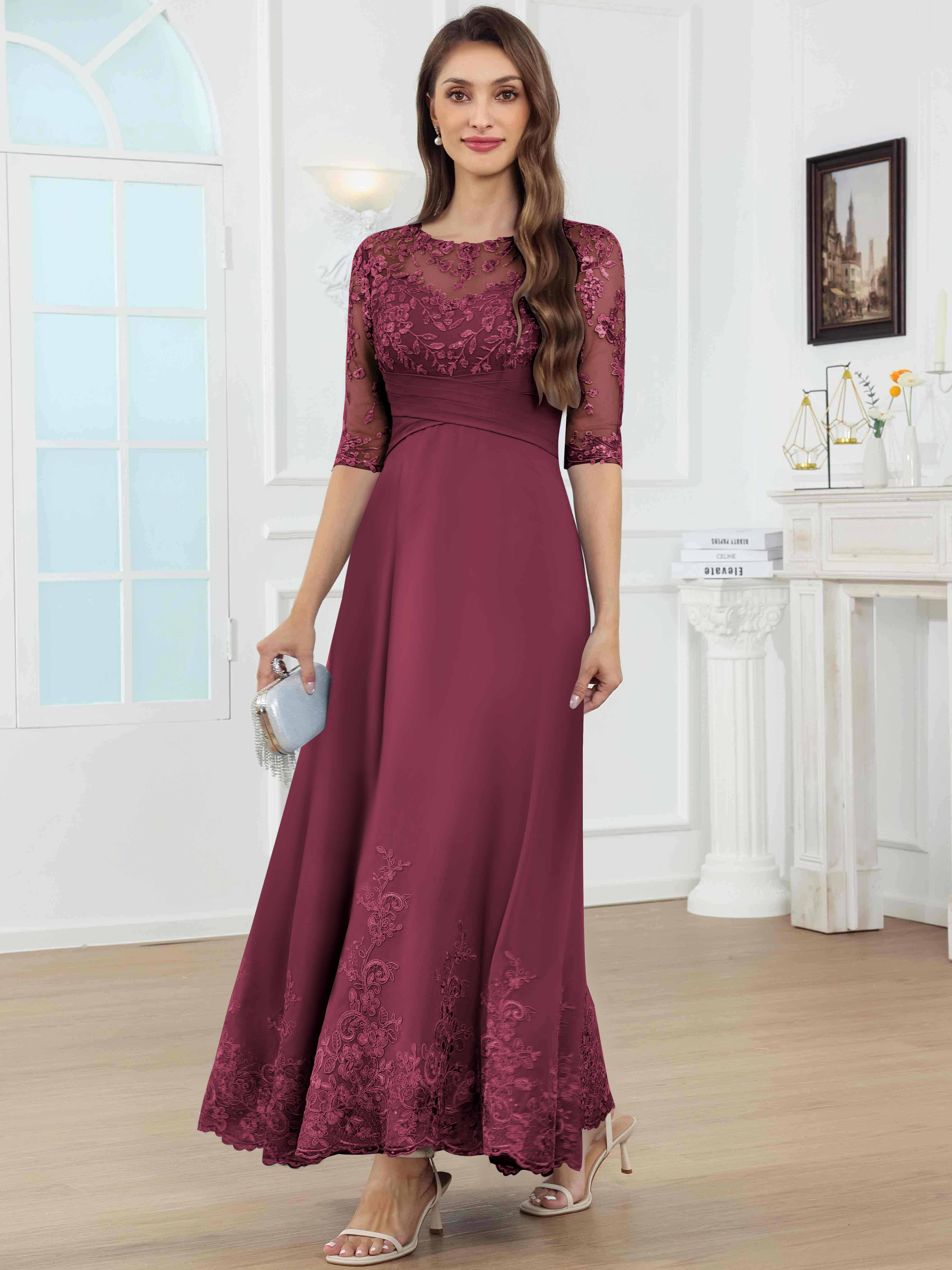 ROVDESY A-Line Lace Sequin Pleated Chiffon Mother Of The Bride Dress With Half Sleeves