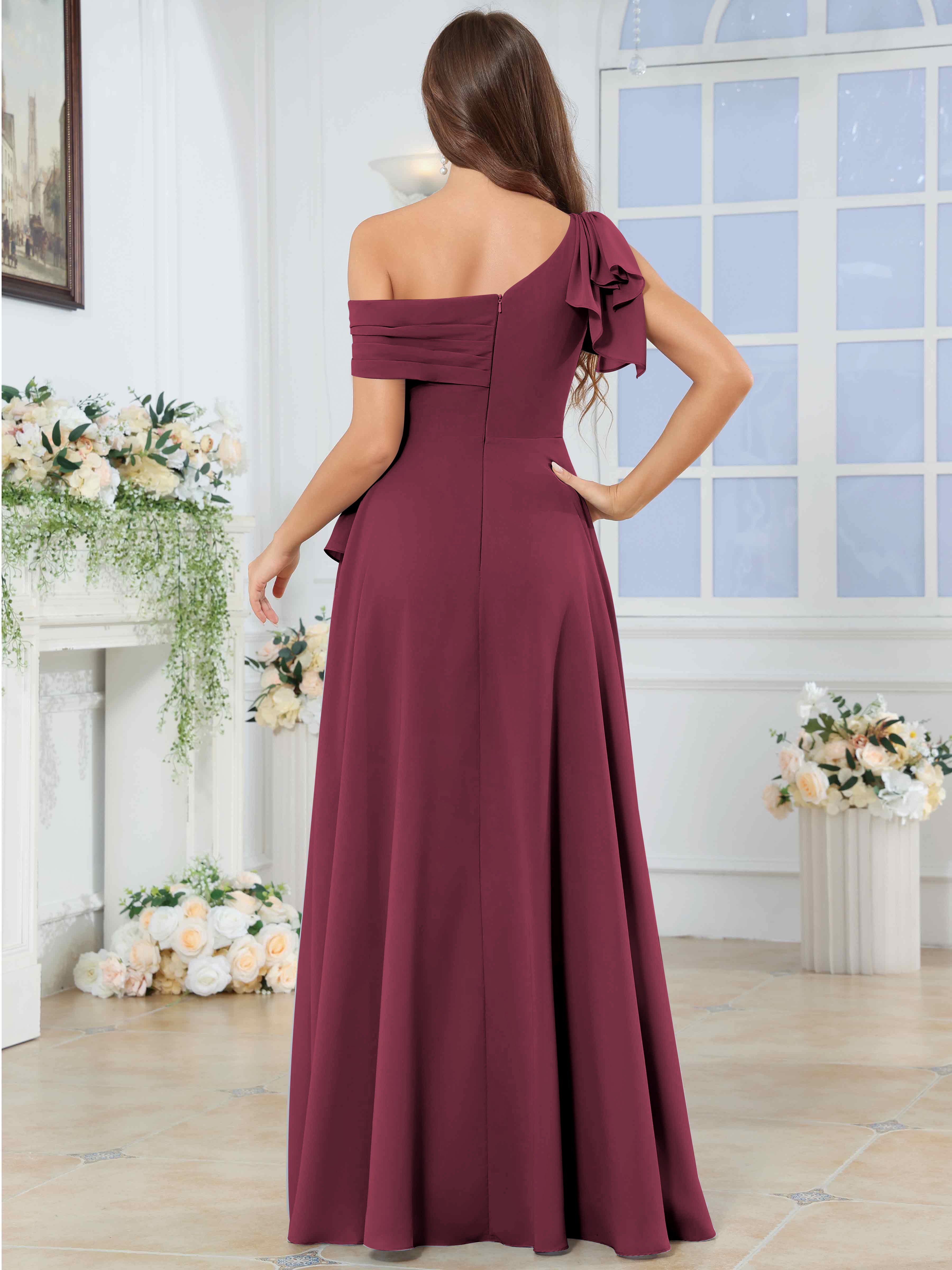 ROVDESY One Shoulder Pleated Ruffle Chiffon Bridesmaid Dress With Slit