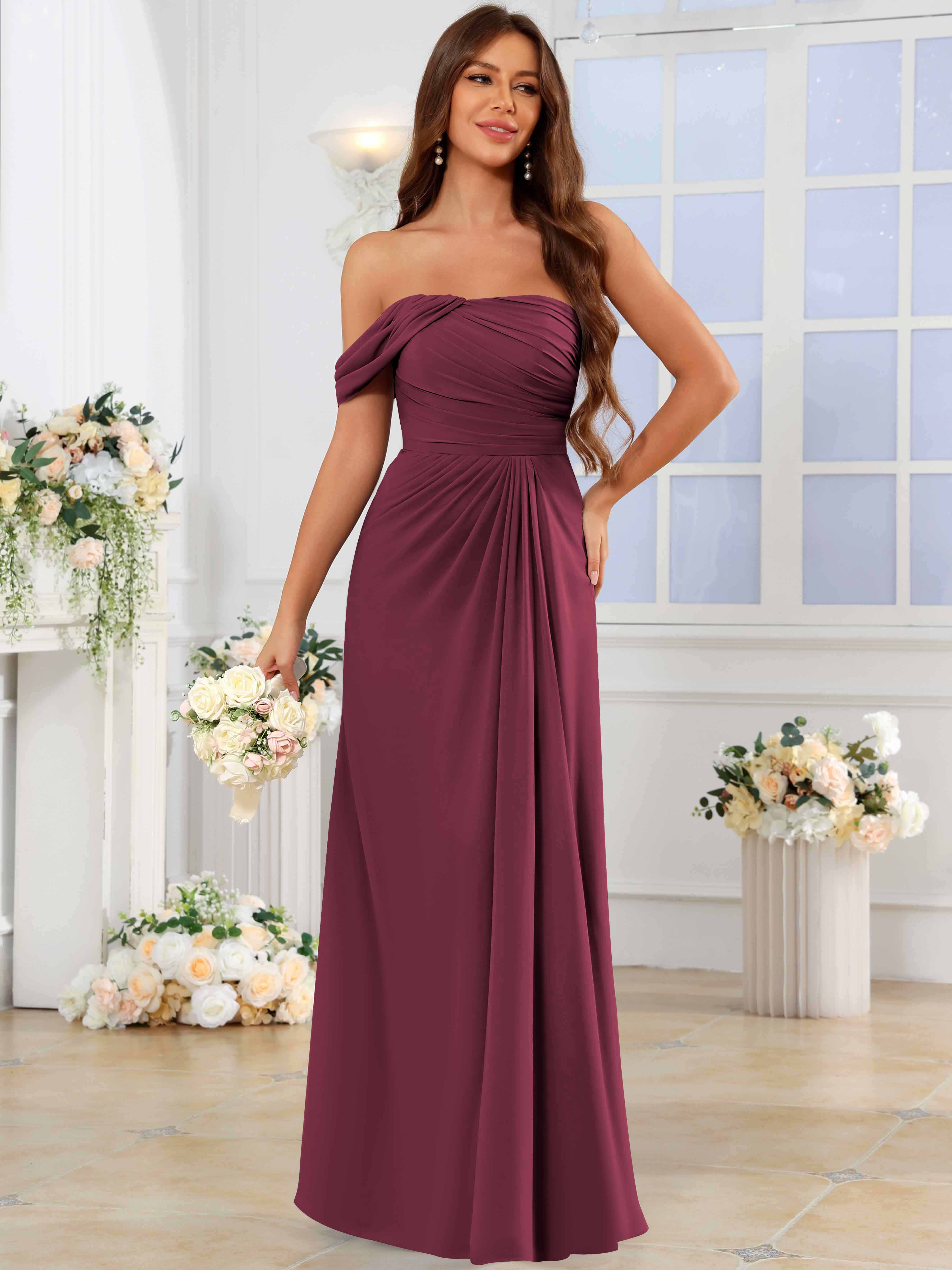 ROVDESY One Shoulder Off The Shoulder Pleated Chiffon Bridesmaid Dress