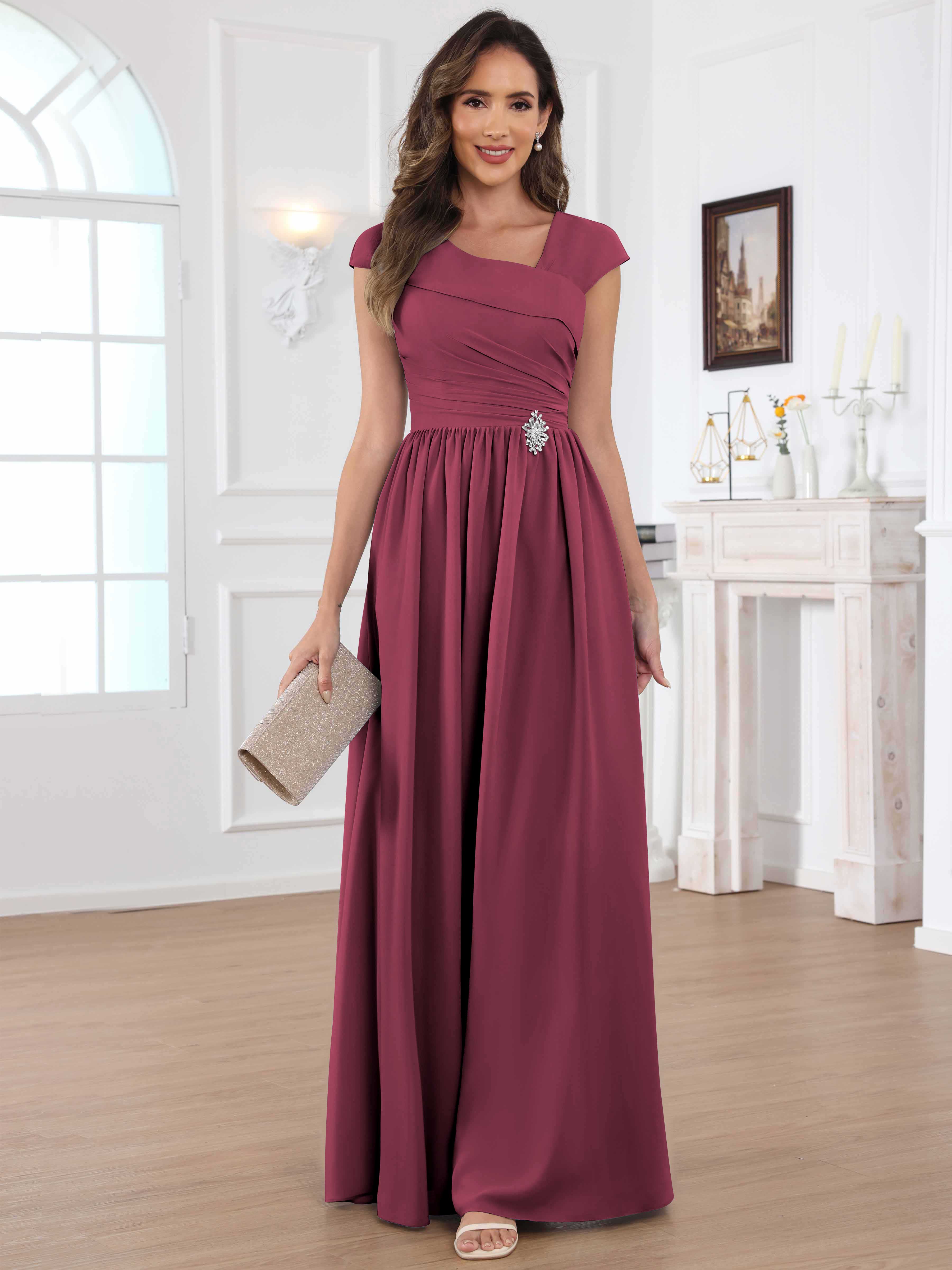 ROVDESY A-Line Cap Sleeves Pleated Chiffon Mother Of The Bride Dress