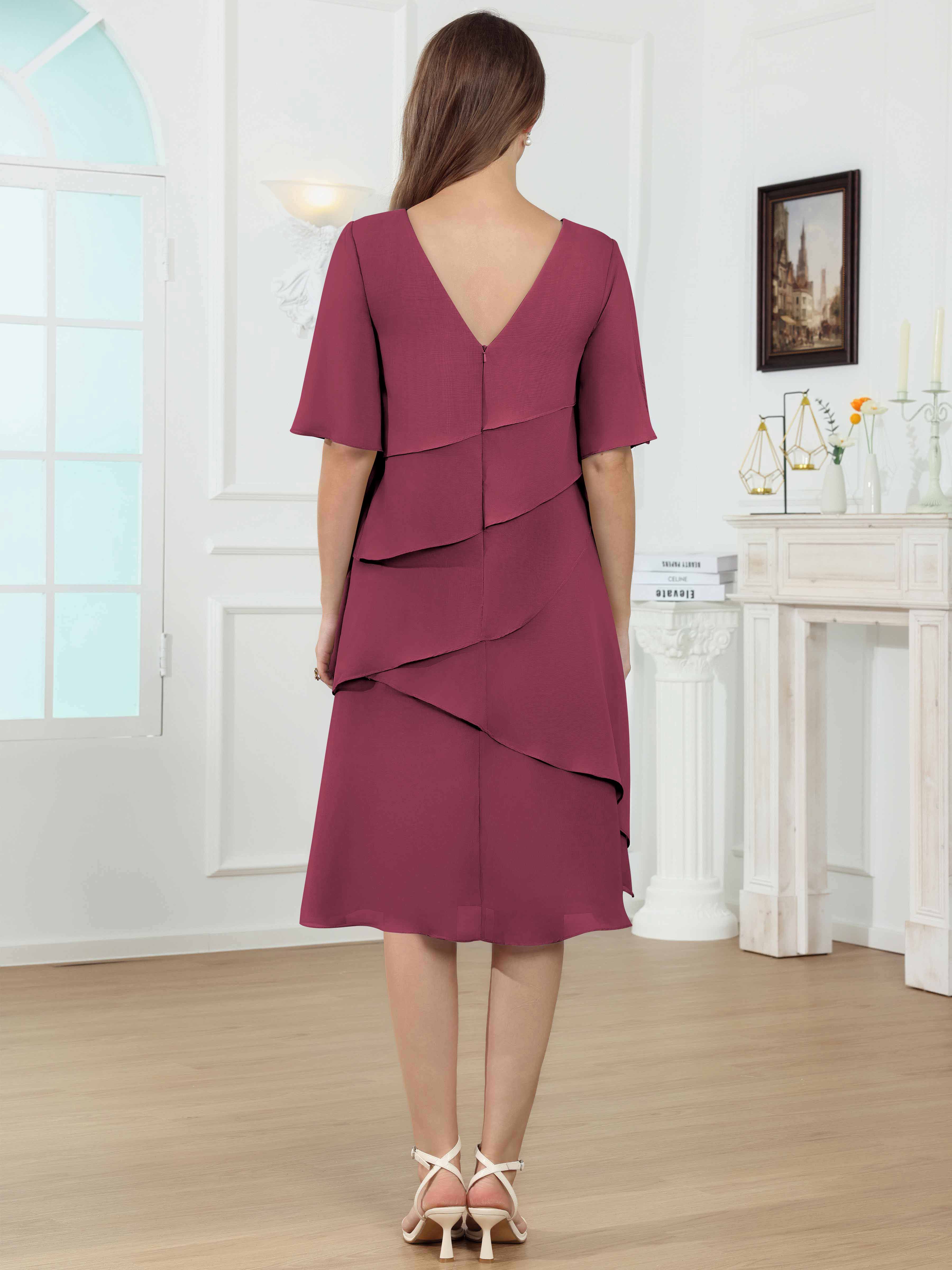 ROVDESY Knee Length Tiered Ruffle Chiffon Mother Of The Bride Dress With Half Sleeves
