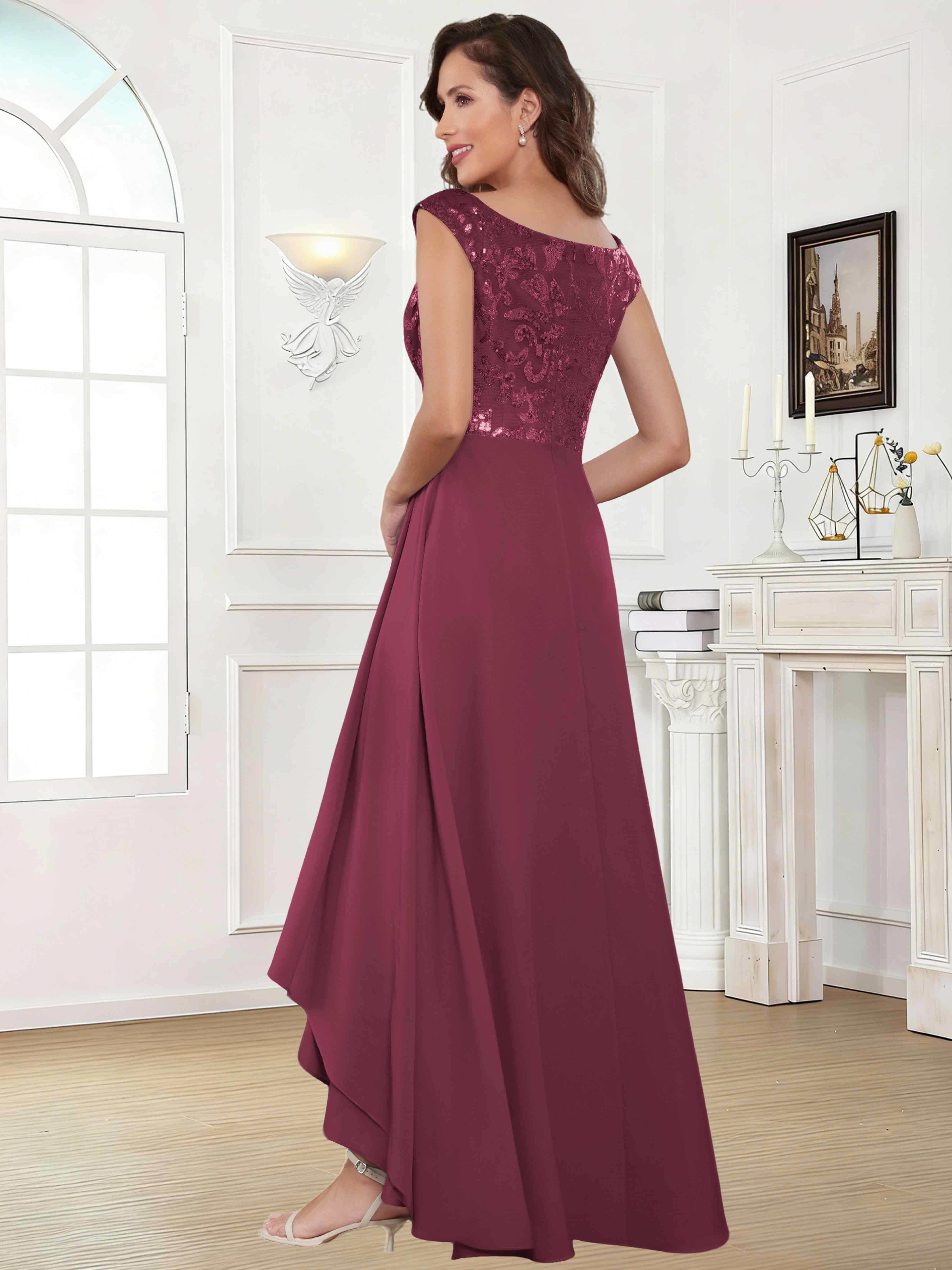 ROVDESY Tea Length Off-The-Shoulder Sequin Chiffon Mother Of The Bride Dress