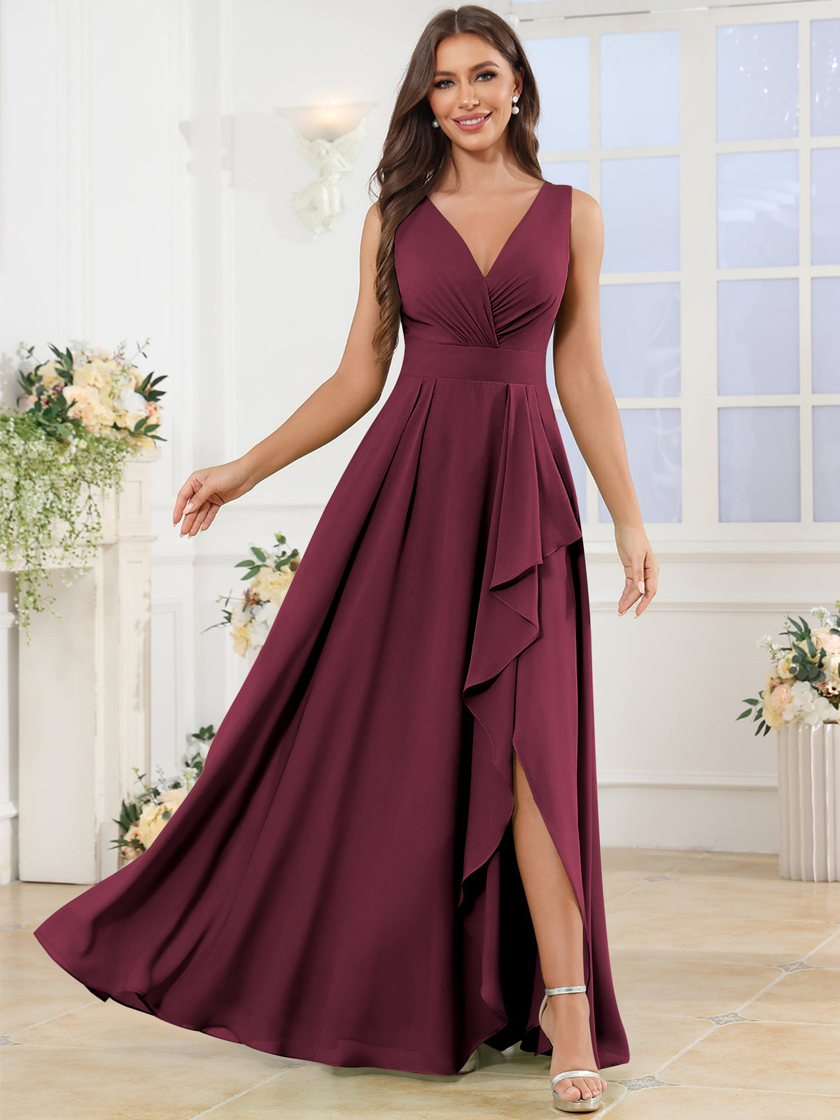 V Neck Chiffon A Line Ruffle Bridesmaid Dress with Slit